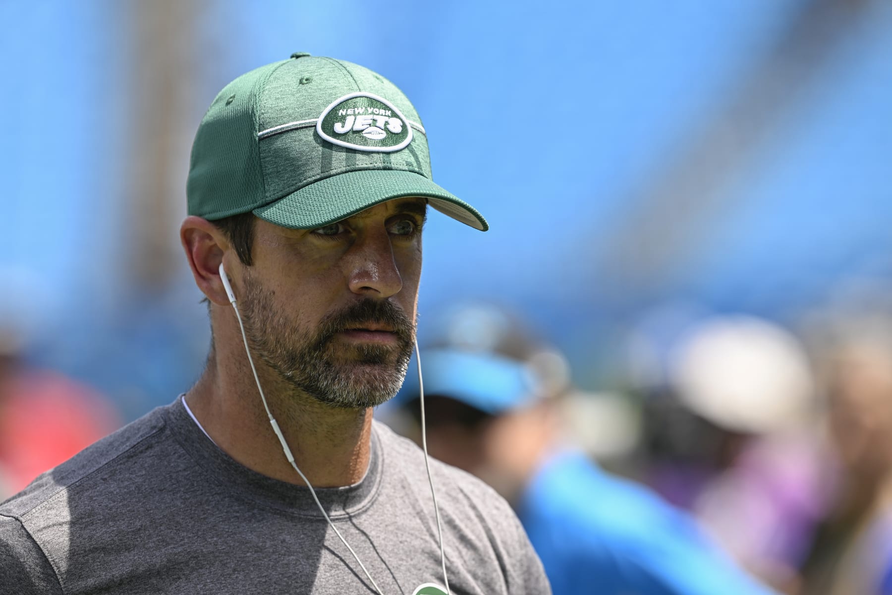 CHARLOTTE, NORTH CAROLINA - AUGUST 12: Aaron Rodgers #8 of the New York Jets is seen on the field during a preseason game against the Carolina Panthers at Bank of America Stadium on August 12, 2023 in Charlotte, North Carolina. (Photo by Grant Halverson/Getty Images)
