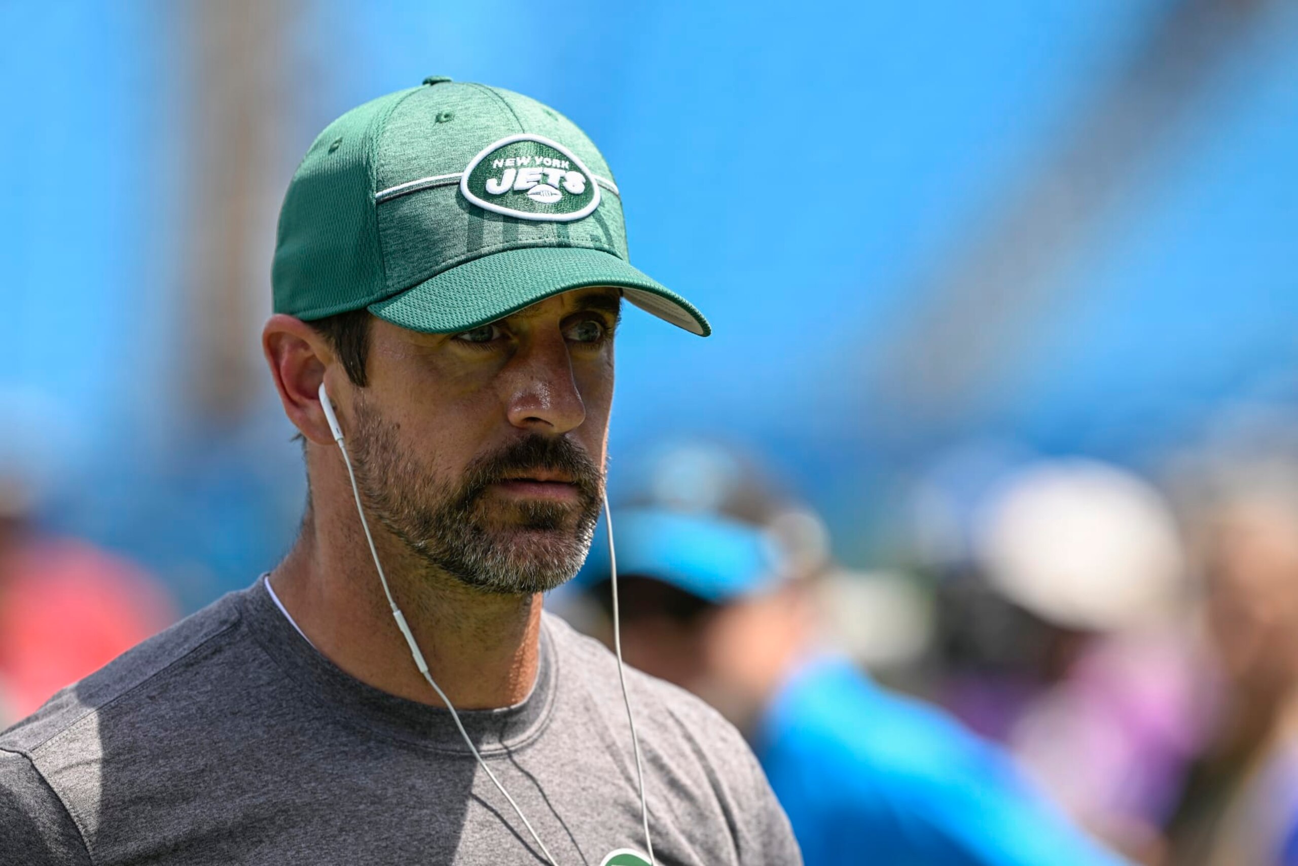 CHARLOTTE, NORTH CAROLINA - AUGUST 12: Aaron Rodgers #8 of the New York Jets is seen on the field during a preseason game against the Carolina Panthers at Bank of America Stadium on August 12, 2023 in Charlotte, North Carolina. (Photo by Grant Halverson/Getty Images)