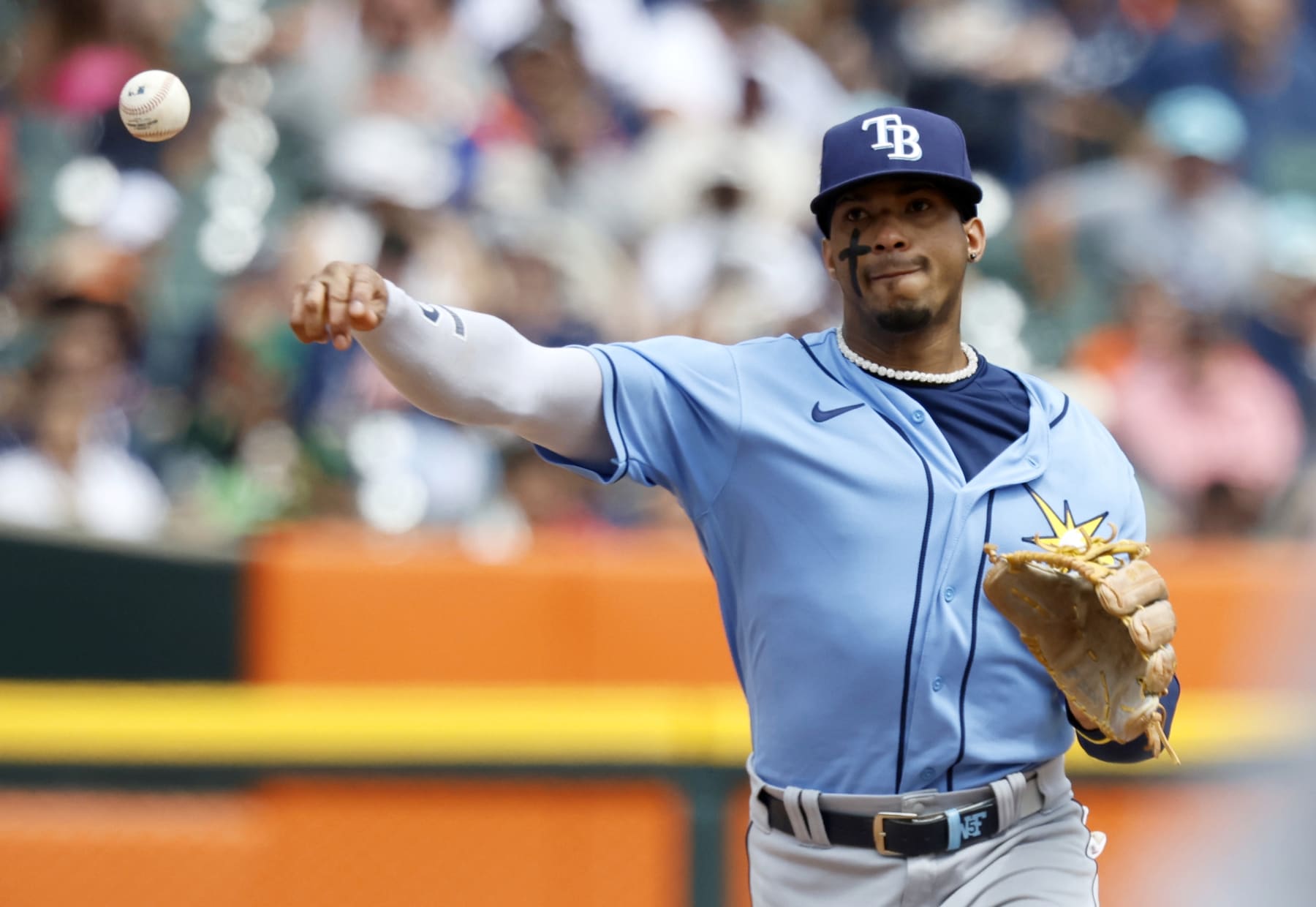 DETROIT, MI -  AUGUST 5:  Shortstop Wander Franco #5 of the Tampa Bay Rays throws out Zack Short of the Detroit Tigers at first base during the sixth inning at Comerica Park on August 5, 2023 in Detroit, Michigan. (Photo by Duane Burleson/Getty Images)