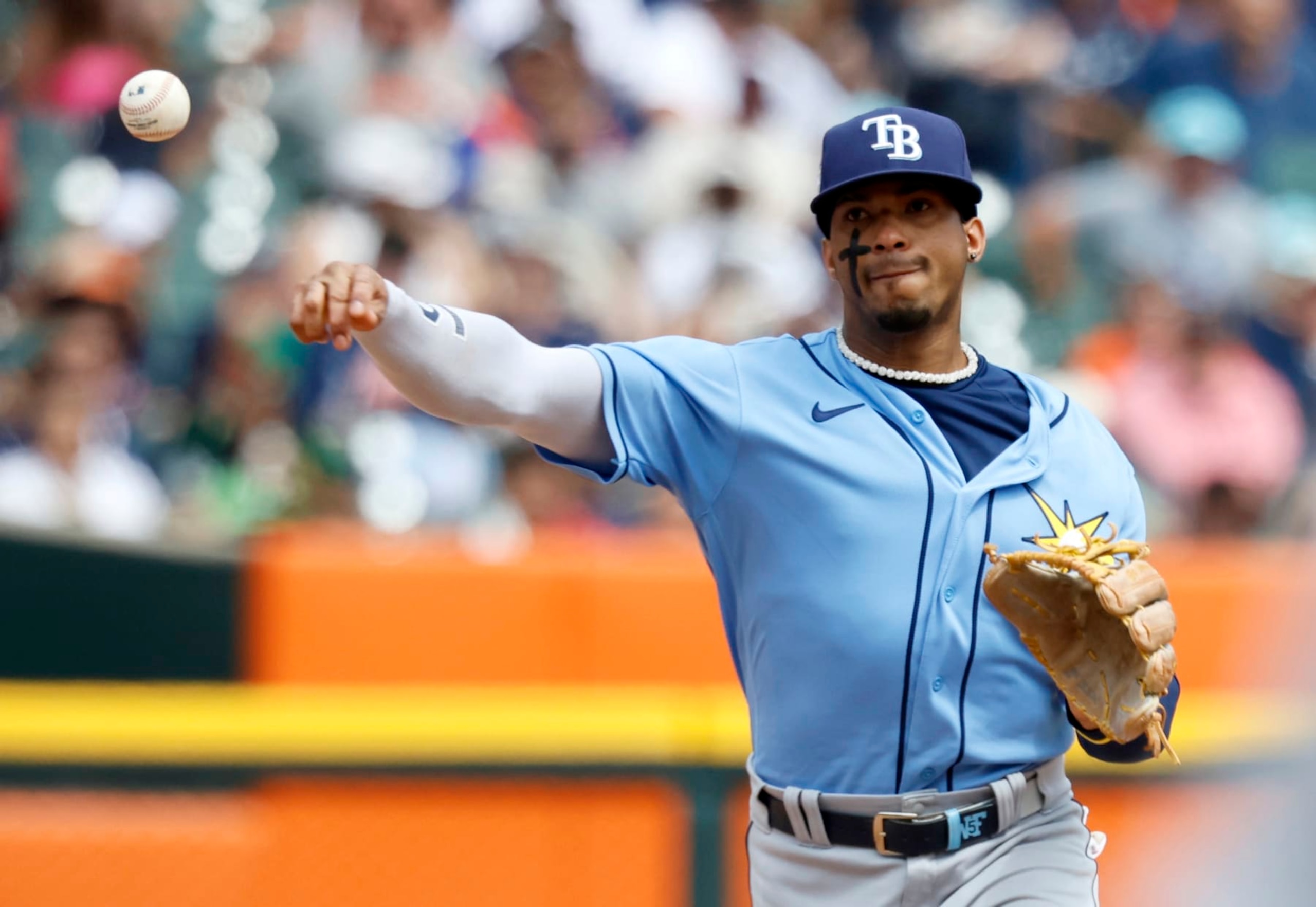 DETROIT, MI -  AUGUST 5:  Shortstop Wander Franco #5 of the Tampa Bay Rays throws out Zack Short of the Detroit Tigers at first base during the sixth inning at Comerica Park on August 5, 2023 in Detroit, Michigan. (Photo by Duane Burleson/Getty Images)