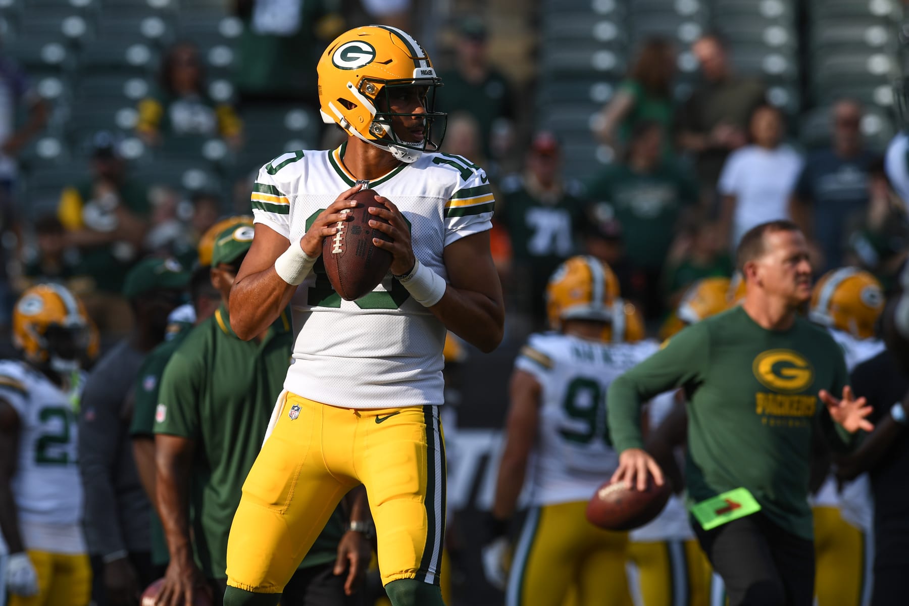 CINCINNATI, OH - AUGUST 11: Green Bay Packers Quarterback Jordan Love (10) warms up for the NFL pre-season football game between the Green Bay Packers and the Cincinnati Bengals on August 11, 2023, at Paycor Stadium in Cincinnati, Ohio. (Photo by Michael Allio/Icon Sportswire via Getty Images)