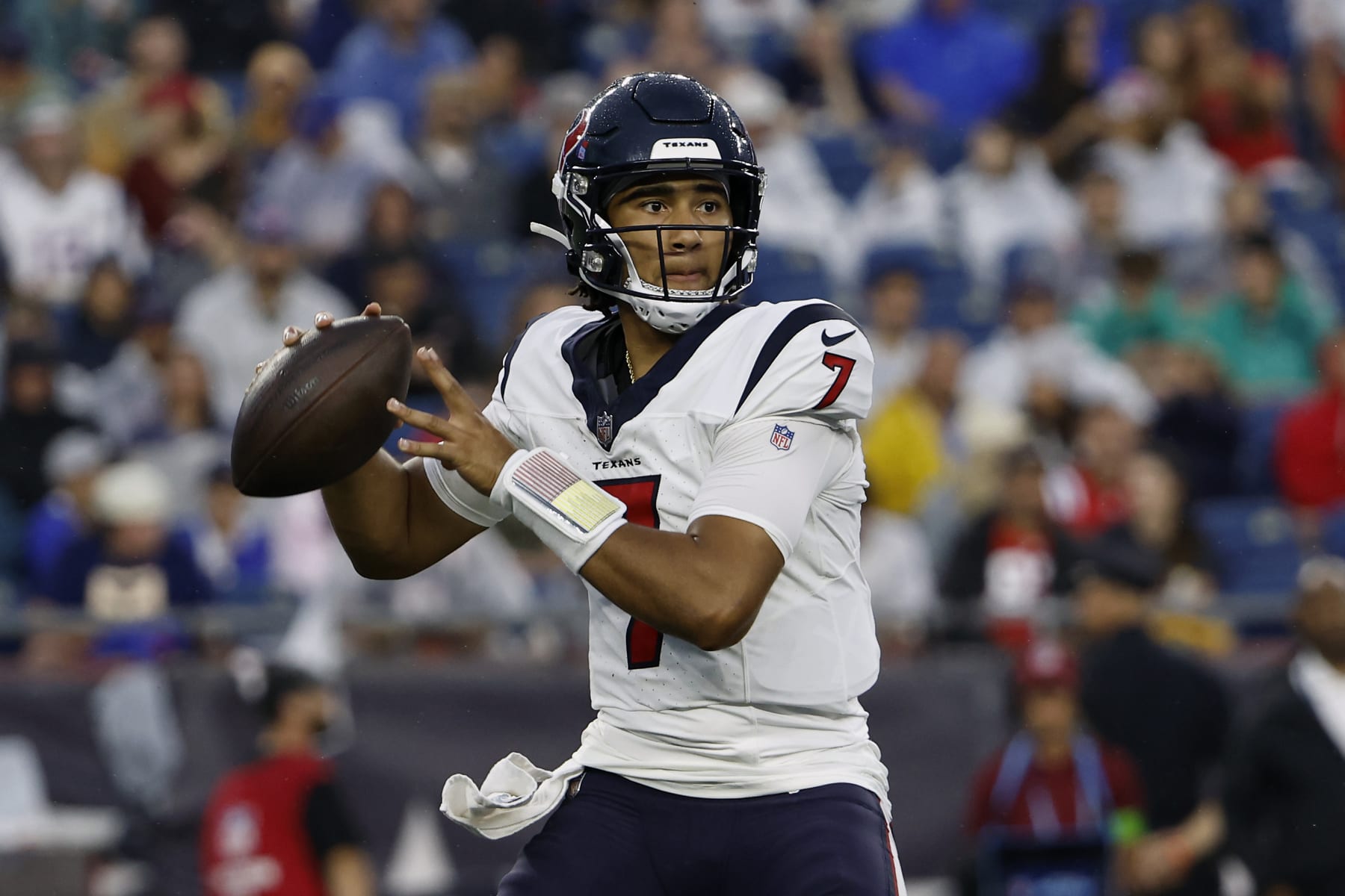 Houston Texans quarterback C.J. Stroud drops back to pass against the New England Patriots during an NFL preseason football game at Gillette Stadium, Thursday, Aug. 10, 2023 in Foxborough, Mass. (Winslow Townson/AP Images for Panini)