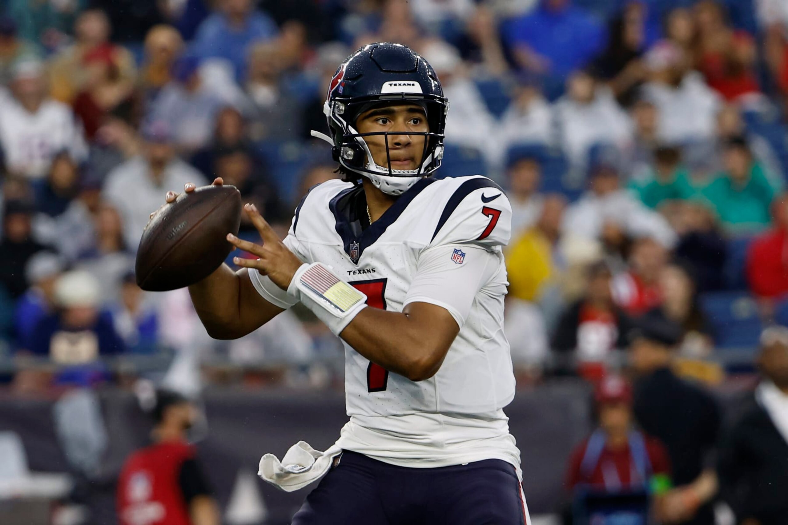 Houston Texans quarterback C.J. Stroud drops back to pass against the New England Patriots during an NFL preseason football game at Gillette Stadium, Thursday, Aug. 10, 2023 in Foxborough, Mass. (Winslow Townson/AP Images for Panini)