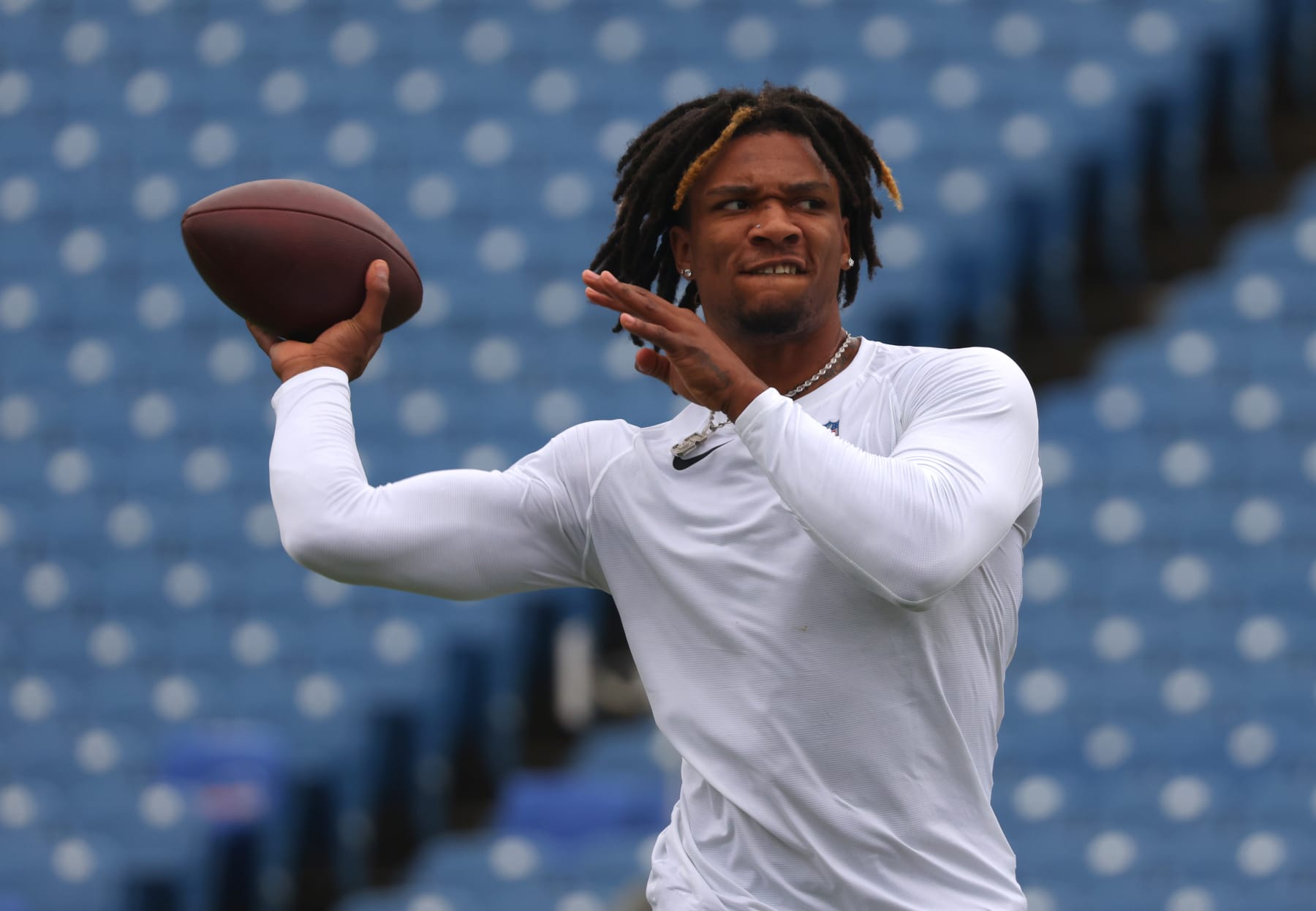 ORCHARD PARK, NEW YORK - AUGUST 12: Anthony Richardson #5 of the Indianapolis Colts throws a pass before a preseason game against the Buffalo Bills at Highmark Stadium on August 12, 2023 in Orchard Park, New York. (Photo by Timothy T Ludwig/Getty Images)