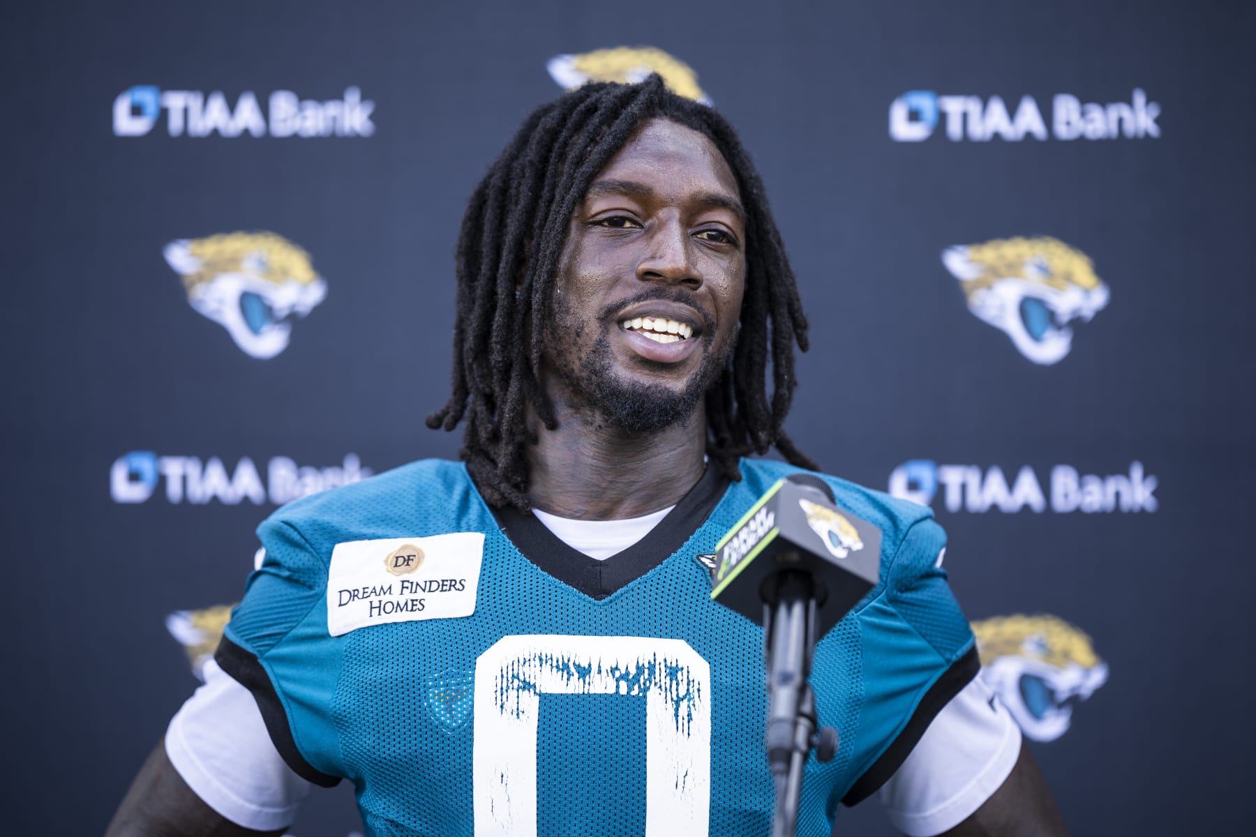 JACKSONVILLE, FLORIDA - AUGUST 03: Calvin Ridley #0 of the Jacksonville Jaguars speaks to the Media during Training Camp at Miller Electric Center on August 03, 2023 in Jacksonville, Florida. (Photo by James Gilbert/Getty Images)