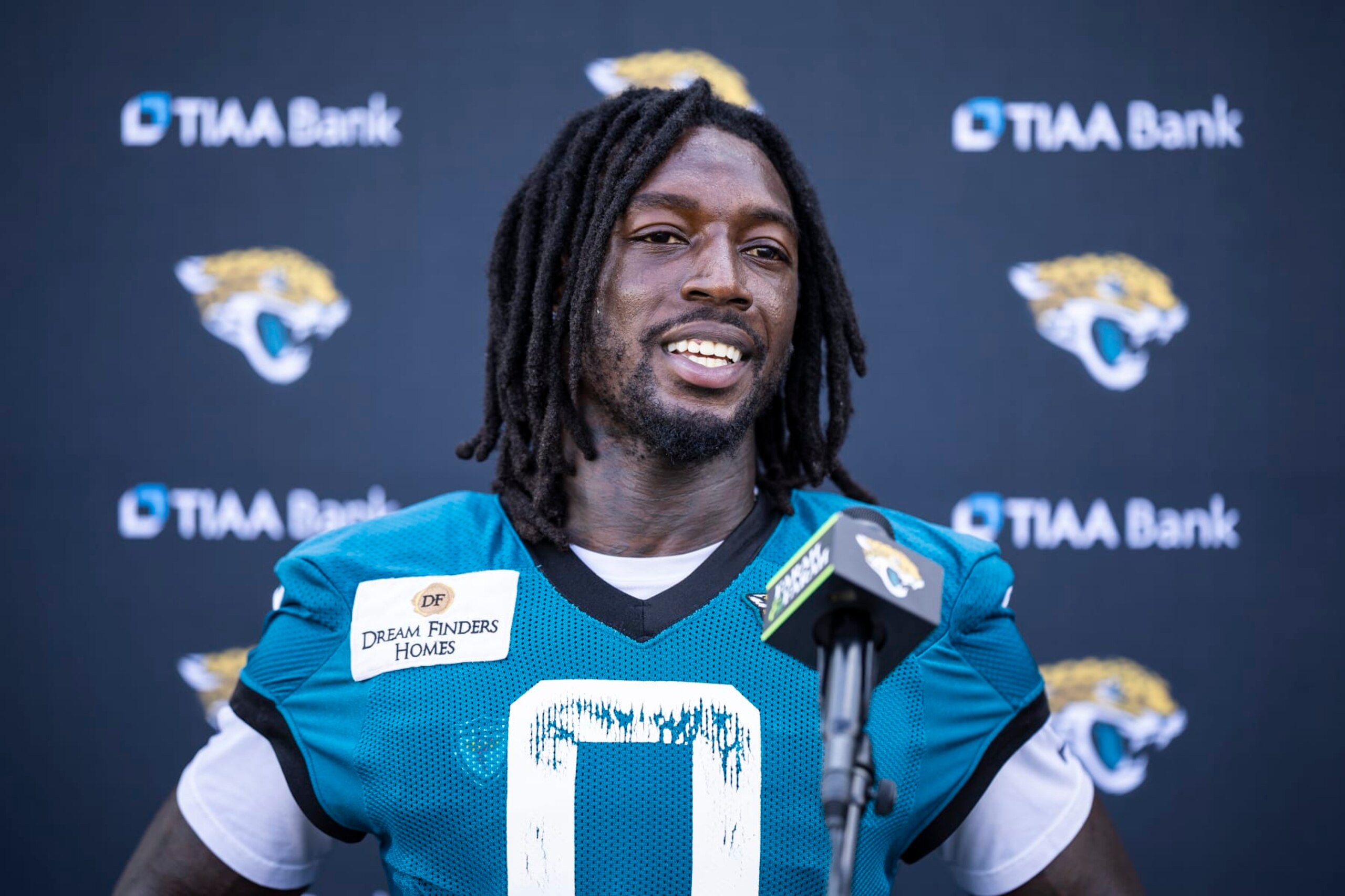 JACKSONVILLE, FLORIDA - AUGUST 03: Calvin Ridley #0 of the Jacksonville Jaguars speaks to the Media during Training Camp at Miller Electric Center on August 03, 2023 in Jacksonville, Florida. (Photo by James Gilbert/Getty Images)