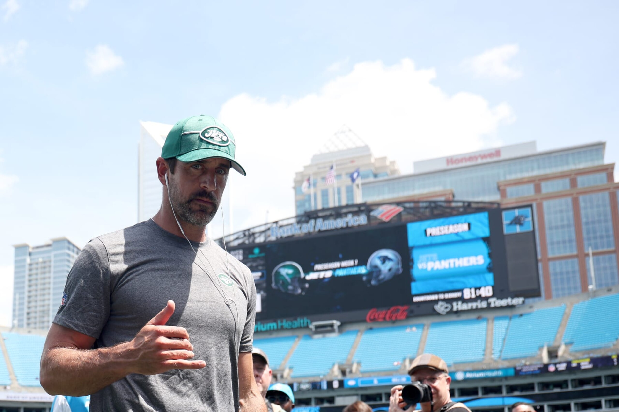 CHARLOTTE, NORTH CAROLINA - AUGUST 12: Aaron Rodgers #8 of the New York Jets walks off the field prior to a preseason game against the Carolina Panthers at Bank of America Stadium on August 12, 2023 in Charlotte, North Carolina. (Photo by Jared C. Tilton/Getty Images) CHARLOTTE, NORTH CAROLINA - AUGUST 12: Aaron Rodgers #8 of the New York Jets walks off the field prior to a preseason game against the Carolina Panthers at Bank of America Stadium on August 12, 2023 in Charlotte, North Carolina. (Photo by Jared C. Tilton/Getty Images)