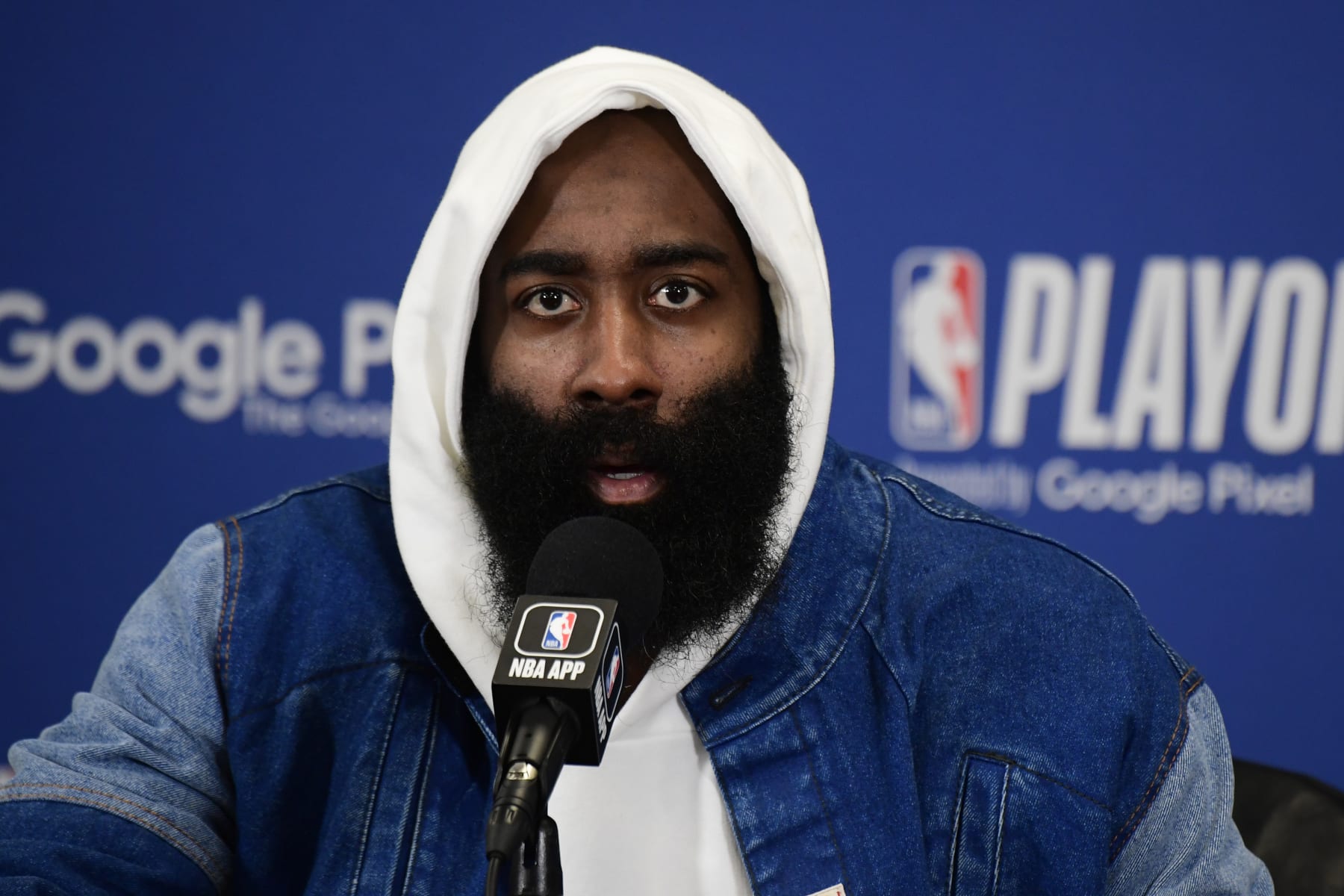 BOSTON, MA - MAY 9: James Harden #1 of the Philadelphia 76ers talks to the media after the game against the Boston Celtics during the Eastern Conference Semi Finals of the 2023 NBA Playoffs on May 9, 2023 at the TD Garden in Boston, Massachusetts. NOTE TO USER: User expressly acknowledges and agrees that, by downloading and or using this photograph, User is consenting to the terms and conditions of the Getty Images License Agreement. Mandatory Copyright Notice: Copyright 2023 NBAE  (Photo by Brian Babineau/NBAE via Getty Images)