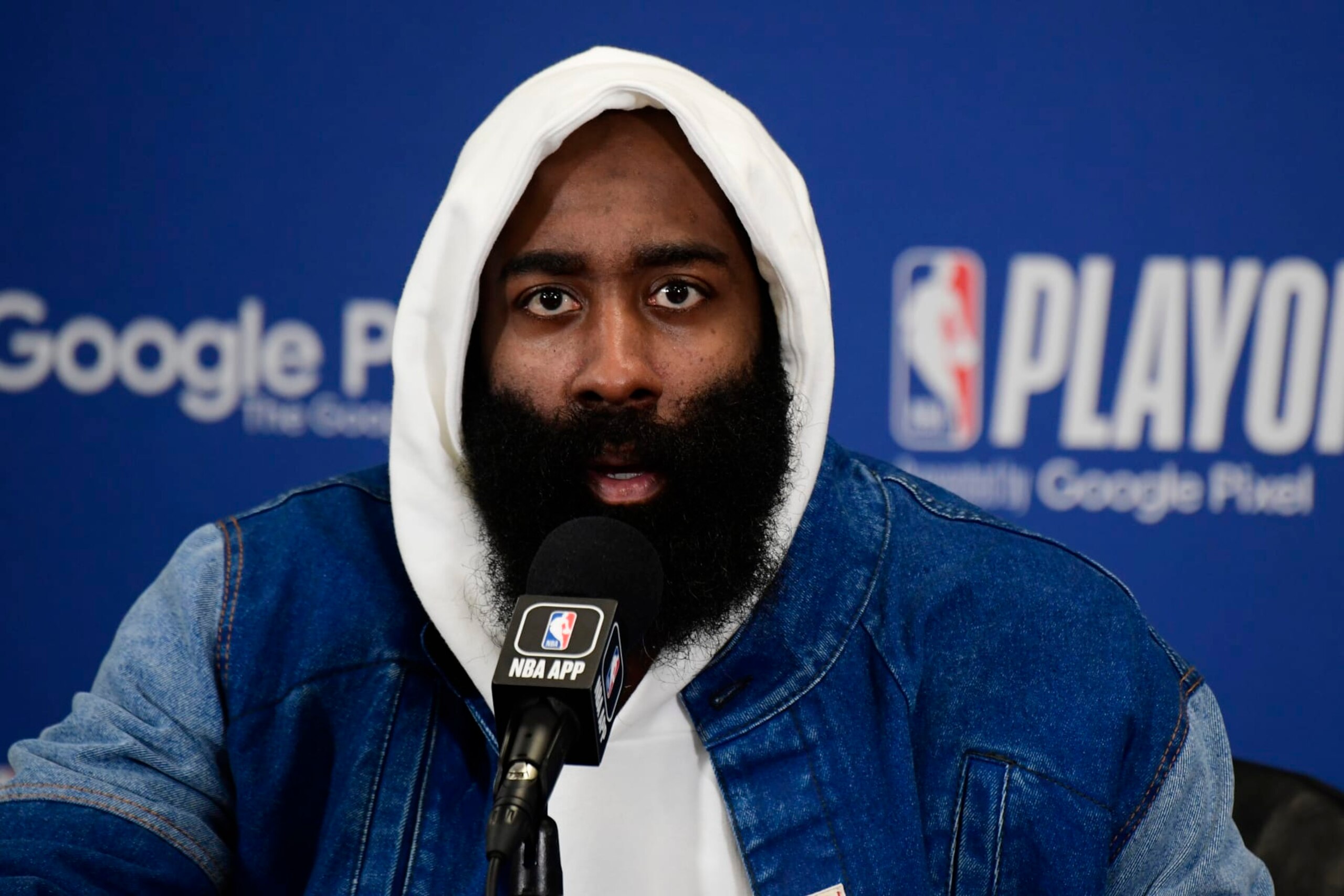 BOSTON, MA - MAY 9: James Harden #1 of the Philadelphia 76ers talks to the media after the game against the Boston Celtics during the Eastern Conference Semi Finals of the 2023 NBA Playoffs on May 9, 2023 at the TD Garden in Boston, Massachusetts. NOTE TO USER: User expressly acknowledges and agrees that, by downloading and or using this photograph, User is consenting to the terms and conditions of the Getty Images License Agreement. Mandatory Copyright Notice: Copyright 2023 NBAE  (Photo by Brian Babineau/NBAE via Getty Images)