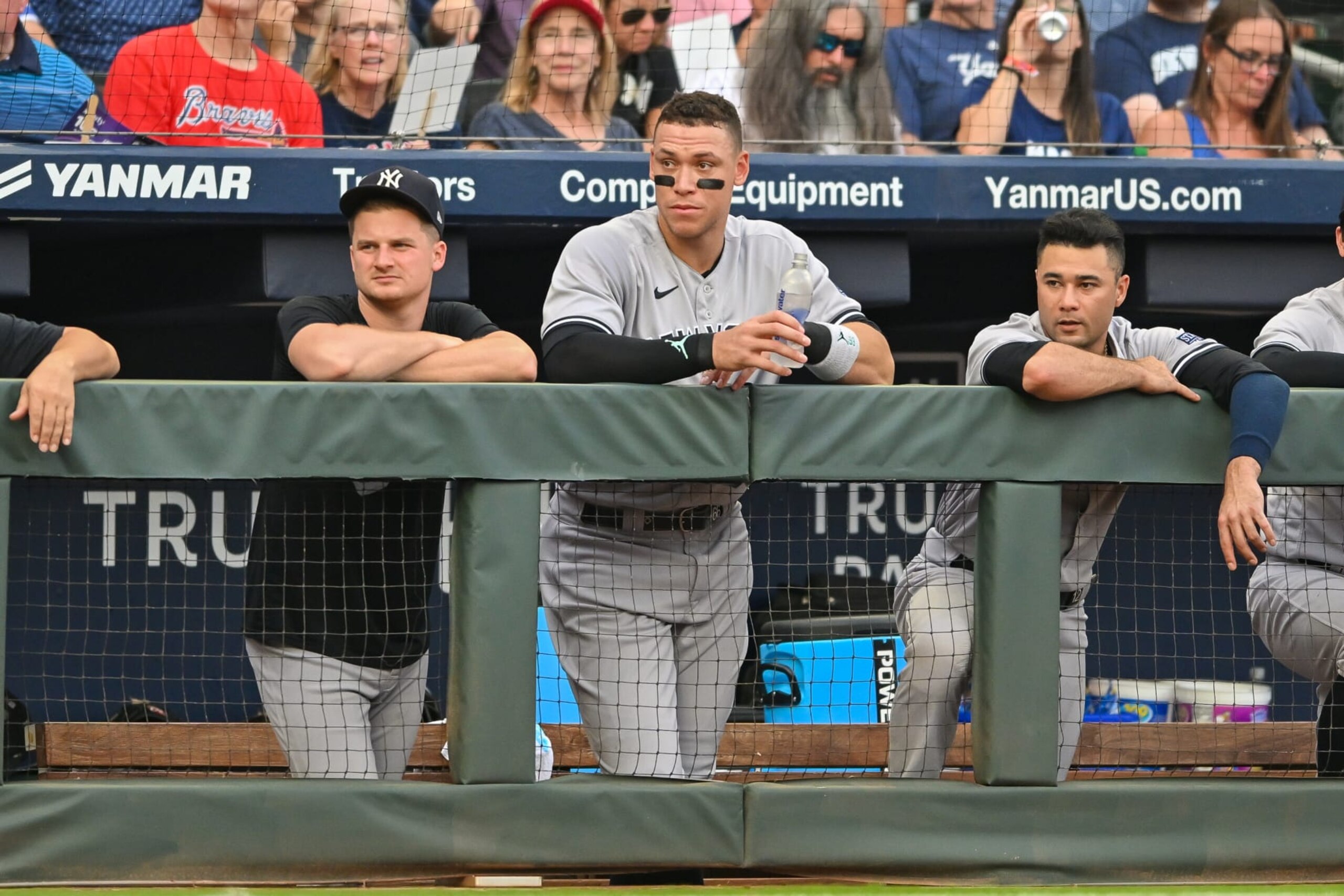 ATLANTA, GA AUGUST 15: New York right fielder Aaron Judge (99) looks on from the dugout during the MLB game between the New York Yankees and the Atlanta Braves on August 15th, 2023 at Truist Park in Atlanta, GA. (Photo by Rich von Biberstein/Icon Sportswire via Getty Images) ATLANTA, GA AUGUST 15: New York right fielder Aaron Judge (99) looks on from the dugout during the MLB game between the New York Yankees and the Atlanta Braves on August 15th, 2023 at Truist Park in Atlanta, GA. (Photo by Rich von Biberstein/Icon Sportswire via Getty Images)