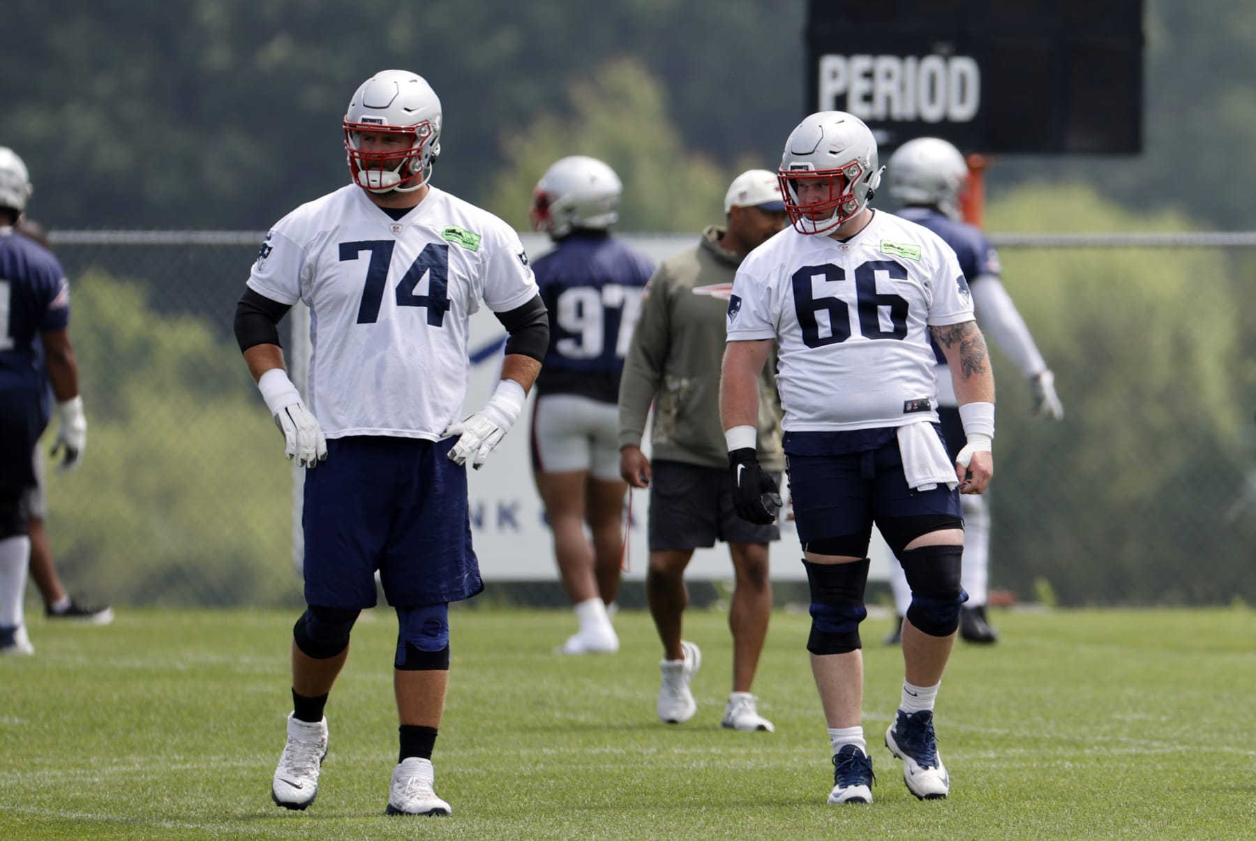 FOXBOROUGH, MA - JUNE 12: New England Patriots offensive tackle Riley Reiff (74) and offensive lineman Kody Russey (66) during New England Patriots Minicamp on June 12, 2023, at the Patriots Practice Facility at Gillette Stadium in Foxborough, Massachusetts. (Photo by Fred Kfoury III/Icon Sportswire via Getty Images)