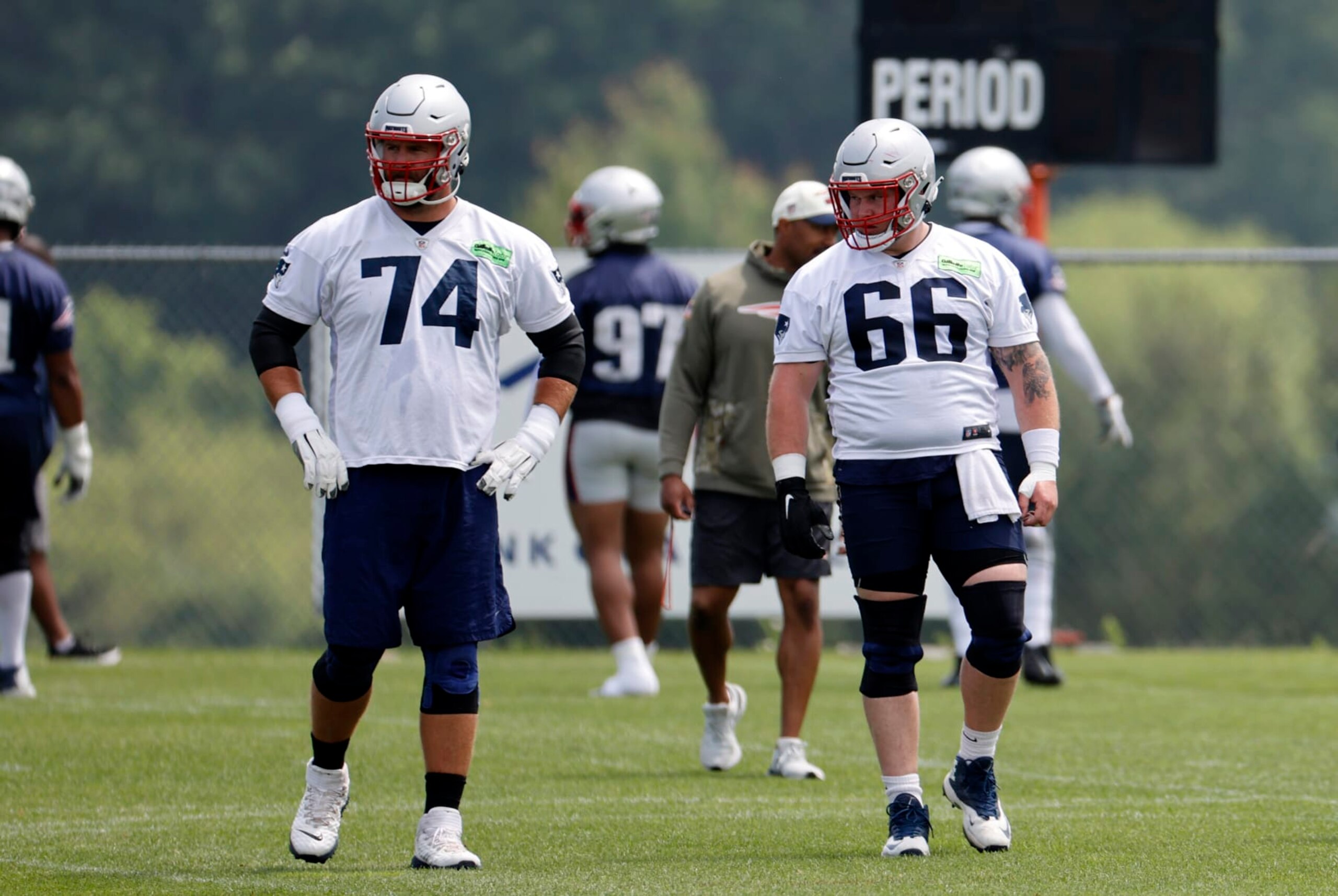 FOXBOROUGH, MA - JUNE 12: New England Patriots offensive tackle Riley Reiff (74) and offensive lineman Kody Russey (66) during New England Patriots Minicamp on June 12, 2023, at the Patriots Practice Facility at Gillette Stadium in Foxborough, Massachusetts. (Photo by Fred Kfoury III/Icon Sportswire via Getty Images)