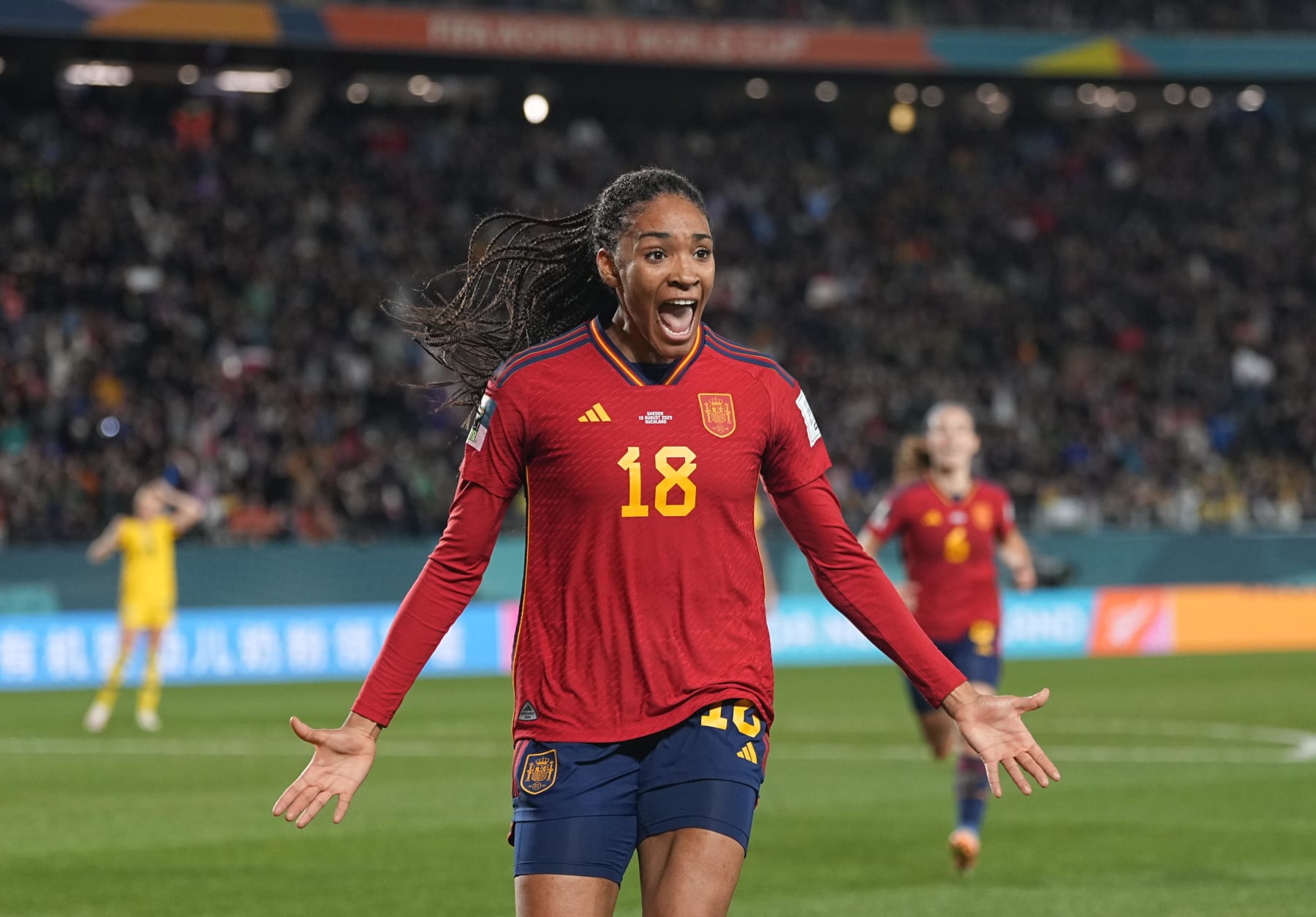 AUCKLAND, NEW ZEALAND - AUGUST 15: Salma Paralluelo of Spain celebrates the teams first goal during the FIFA Women's World Cup Australia & New Zealand 2023 Semi Final match between Spain and Sweden at Eden Park on August 15, 2023 in Auckland, New Zealand. (Photo by Ulrik Pedersen/DeFodi Images via Getty Images)