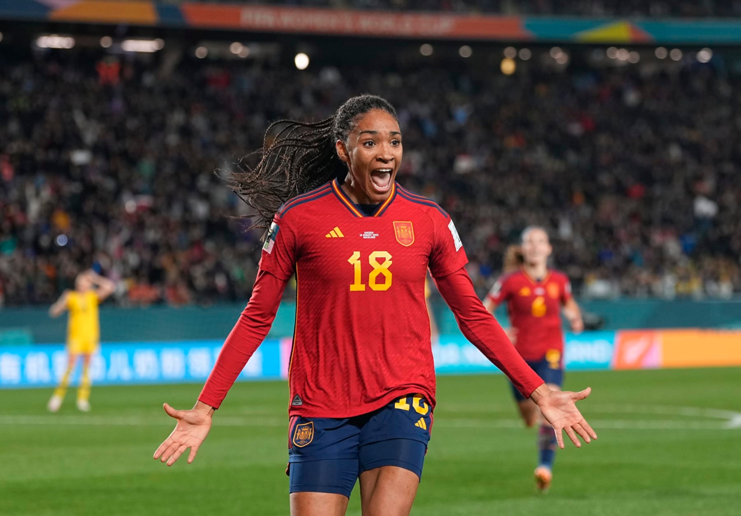 AUCKLAND, NEW ZEALAND - AUGUST 15: Salma Paralluelo of Spain celebrates the teams first goal during the FIFA Women's World Cup Australia & New Zealand 2023 Semi Final match between Spain and Sweden at Eden Park on August 15, 2023 in Auckland, New Zealand. (Photo by Ulrik Pedersen/DeFodi Images via Getty Images) AUCKLAND, NEW ZEALAND - AUGUST 15: Salma Paralluelo of Spain celebrates the teams first goal during the FIFA Women's World Cup Australia & New Zealand 2023 Semi Final match between Spain and Sweden at Eden Park on August 15, 2023 in Auckland, New Zealand. (Photo by Ulrik Pedersen/DeFodi Images via Getty Images)