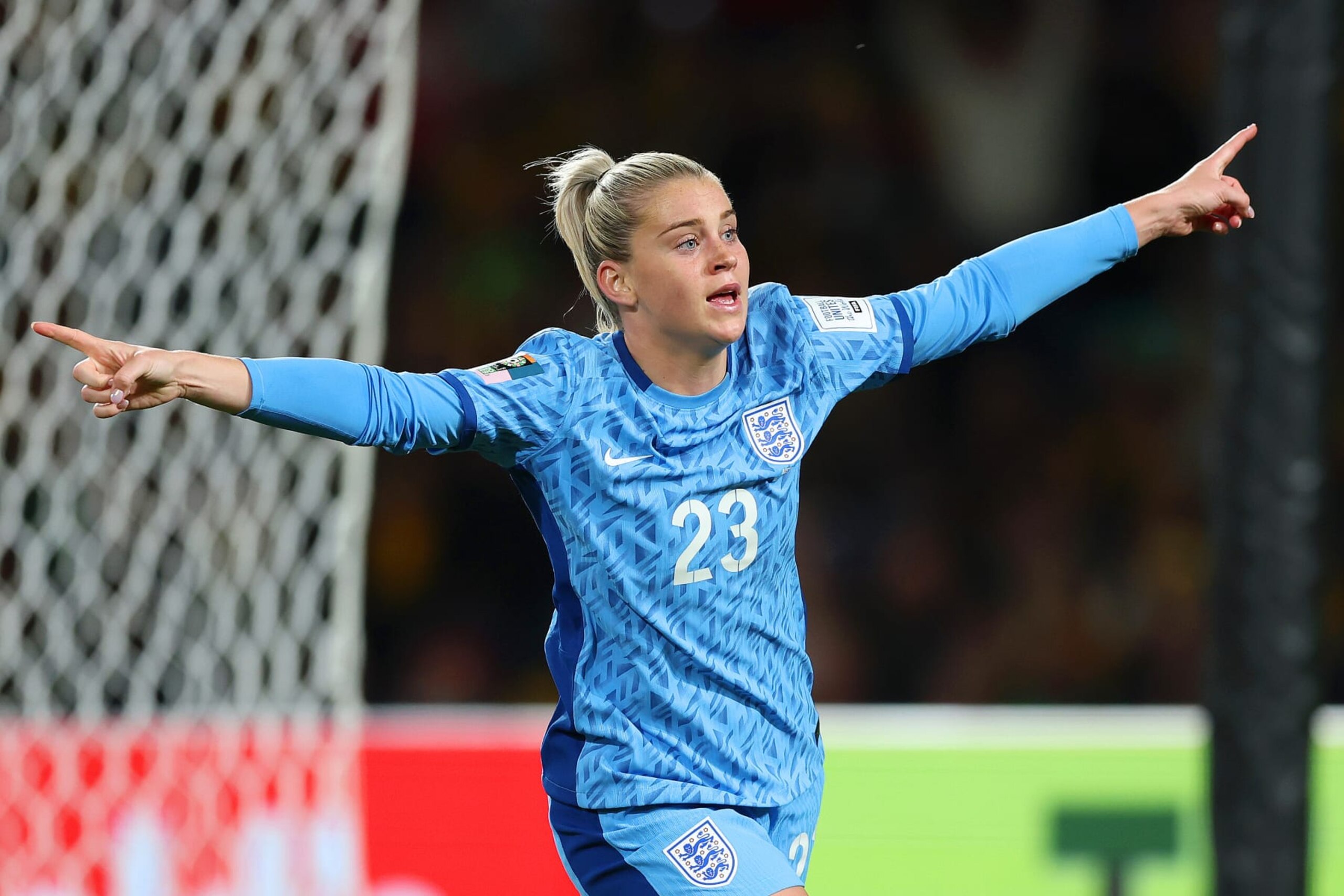 SYDNEY, AUSTRALIA - AUGUST 16: Alessia Russo of England celebrates after scoring her team's third goal during the FIFA Women's World Cup Australia & New Zealand 2023 Semi Final match between Australia and England at Stadium Australia on August 16, 2023 in Sydney, Australia. (Photo by Mark Metcalfe - FIFA/FIFA via Getty Images)