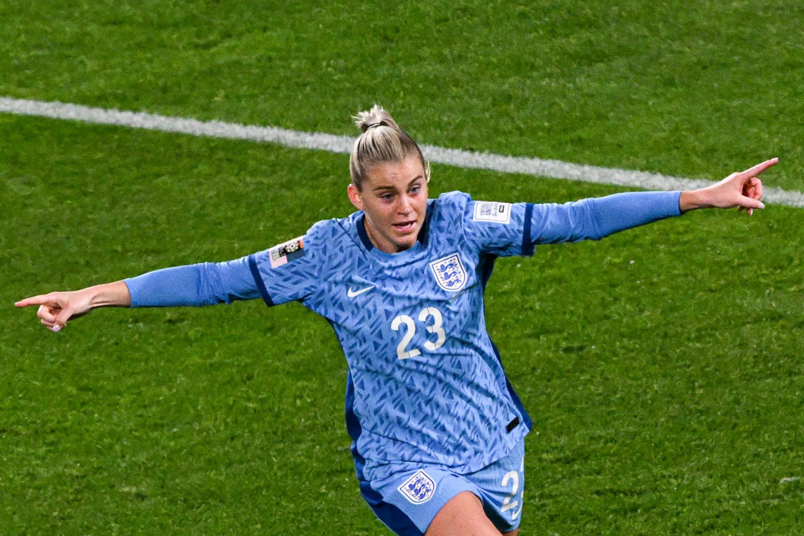 England's forward #23 Alessia Russo celebrates scoring her team's third goal during the Australia and New Zealand 2023 Women's World Cup semi-final football match between Australia and England at Stadium Australia in Sydney on August 16, 2023. (Photo by Saeed KHAN / AFP) (Photo by SAEED KHAN/AFP via Getty Images) England's forward #23 Alessia Russo celebrates scoring her team's third goal during the Australia and New Zealand 2023 Women's World Cup semi-final football match between Australia and England at Stadium Australia in Sydney on August 16, 2023. (Photo by Saeed KHAN / AFP) (Photo by SAEED KHAN/AFP via Getty Images)
