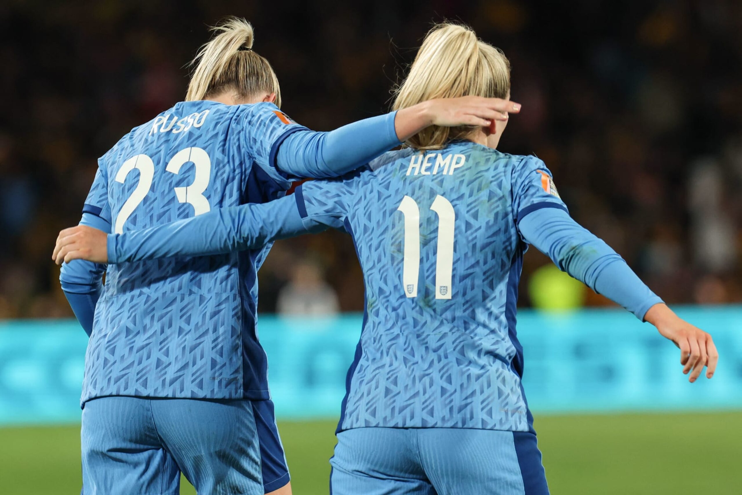 England's forward #23 Alessia Russo and England's forward #11 Lauren Hemp celebrate their victory during the Australia and New Zealand 2023 Women's World Cup semi-final football match between Australia and England at Stadium Australia in Sydney on August 16, 2023. (Photo by STEVE CHRISTO / AFP) (Photo by STEVE CHRISTO/AFP via Getty Images) England's forward #23 Alessia Russo and England's forward #11 Lauren Hemp celebrate their victory during the Australia and New Zealand 2023 Women's World Cup semi-final football match between Australia and England at Stadium Australia in Sydney on August 16, 2023. (Photo by STEVE CHRISTO / AFP) (Photo by STEVE CHRISTO/AFP via Getty Images)