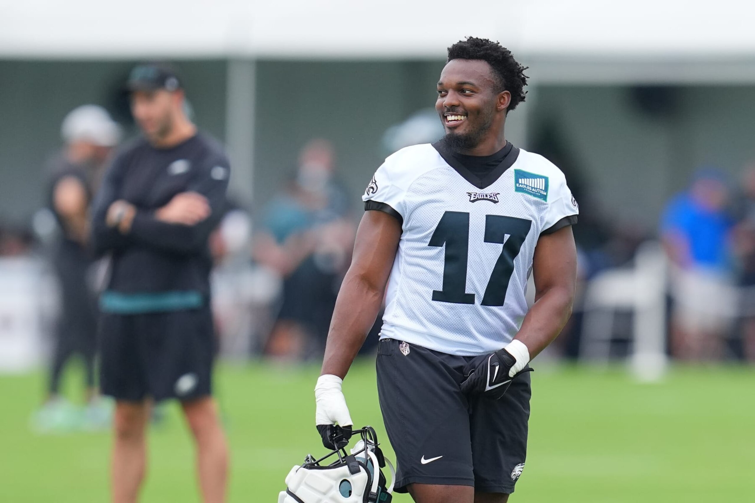 PHILADELPHIA, PENNSYLVANIA - AUGUST 10: Nakobe Dean #17 of the Philadelphia Eagles smiles during Training Camp at the NovaCare Complex on August 10, 2023 in Philadelphia, Pennsylvania. (Photo by Mitchell Leff/Getty Images)