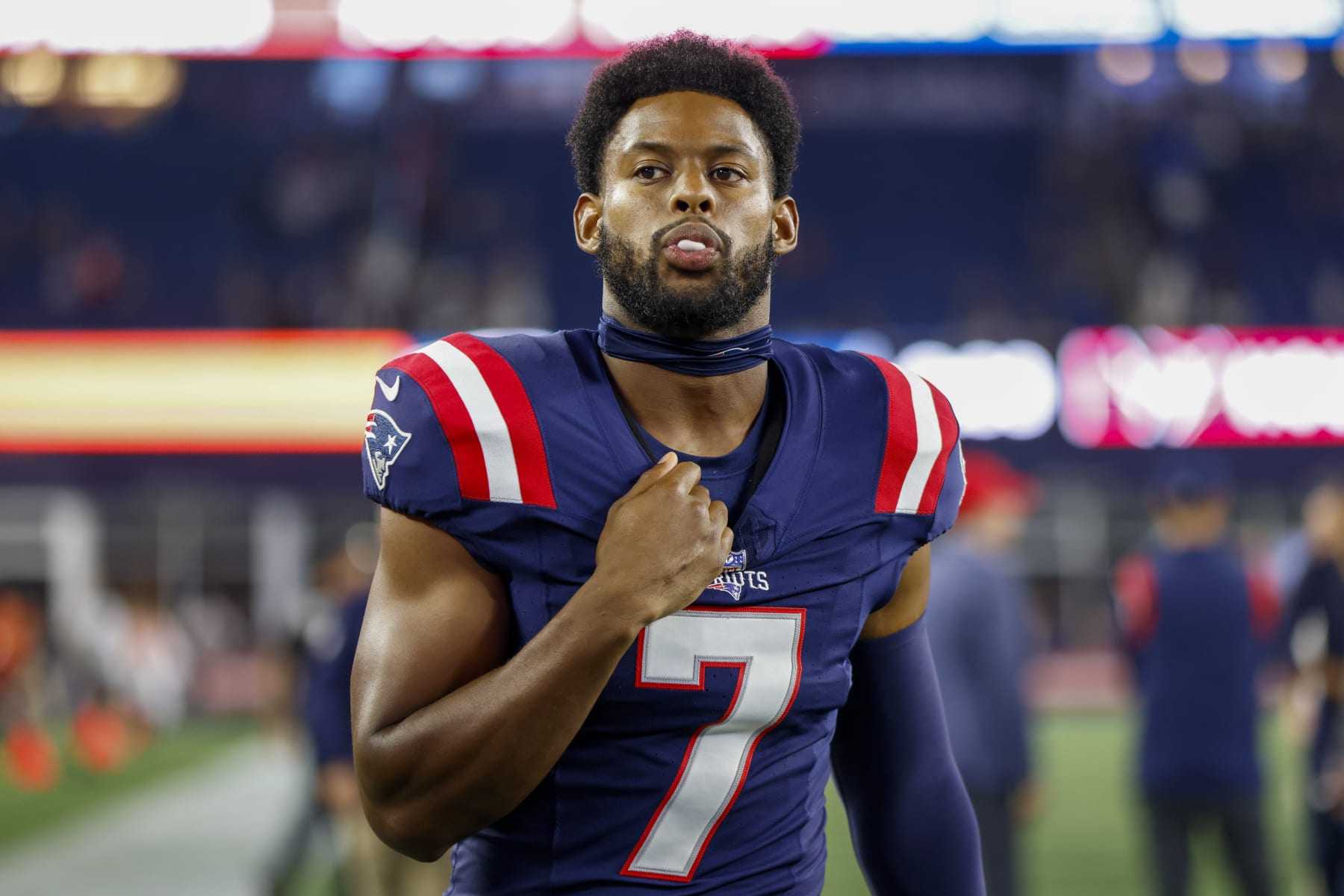 New England Patriots wide receiver JuJu Smith-Schuster (7) blows a bubble following an NFL pre-season football game against the Houston Texans, Thursday, Aug. 10, 2023, in Foxborough, Mass. (AP Photo/Greg M. Cooper)