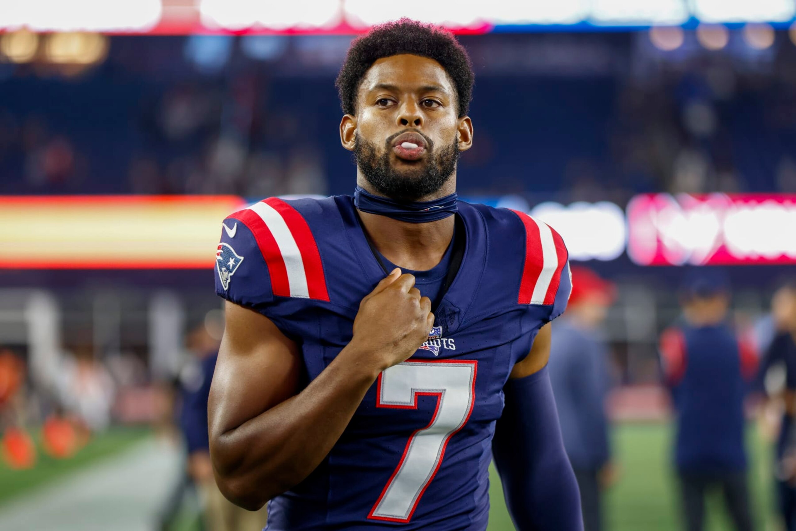 New England Patriots wide receiver JuJu Smith-Schuster (7) blows a bubble following an NFL pre-season football game against the Houston Texans, Thursday, Aug. 10, 2023, in Foxborough, Mass. (AP Photo/Greg M. Cooper)