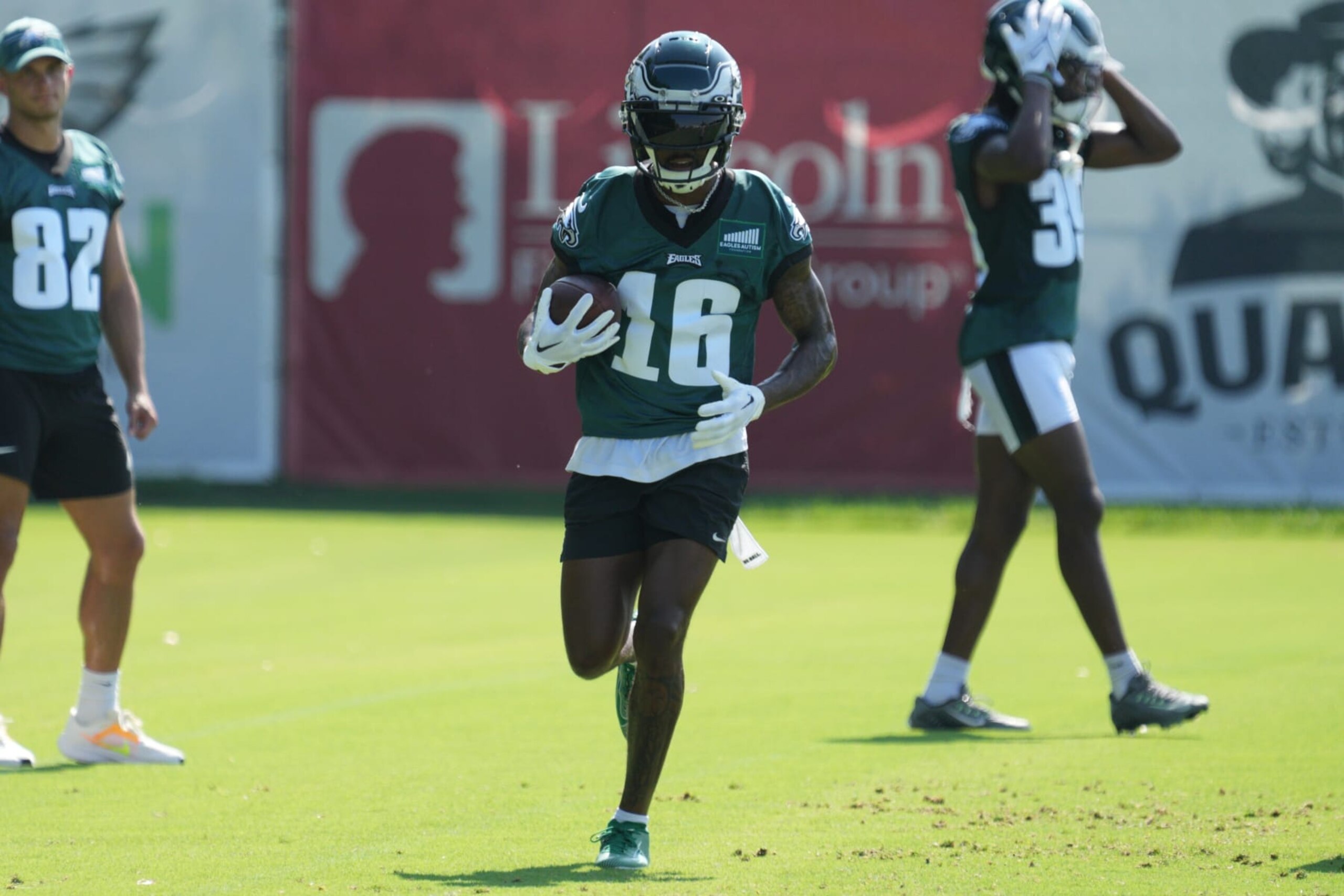 PHILADELPHIA, PA - JULY 28: Philadelphia Eagles wide receiver Quez Watkins (16) participates in Philadelphia Eagles Training Camp on July 28, 2023, at the NovaCare Training Complex in Philadelphia, PA. (Photo by Andy Lewis/Icon Sportswire via Getty Images)
