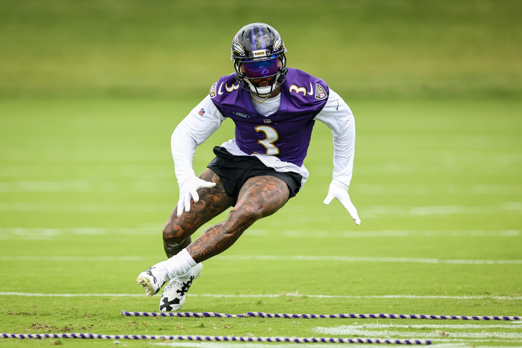 OWINGS MILLS, MD - JULY 27: Odell Beckham Jr. #3 of the Baltimore Ravens participates in a drill during training camp at Under Armour Performance Center Baltimore Ravens on July 27, 2023 in Owings Mills, Maryland. (Photo by Scott Taetsch/Getty Images)