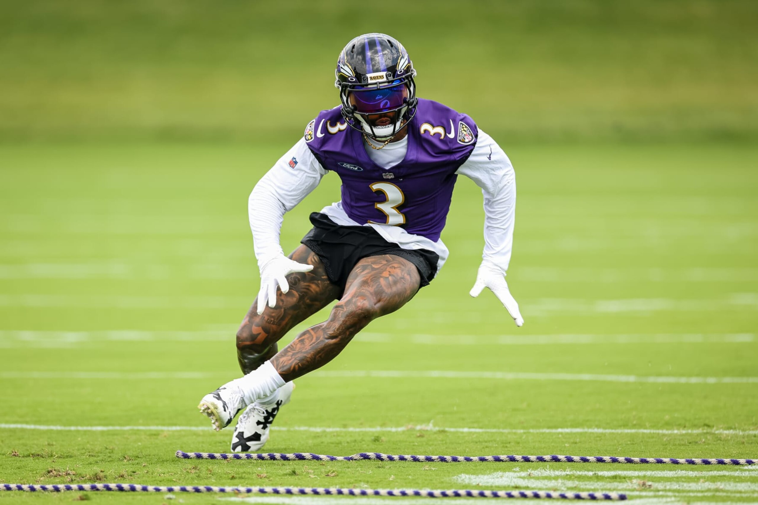 OWINGS MILLS, MD - JULY 27: Odell Beckham Jr. #3 of the Baltimore Ravens participates in a drill during training camp at Under Armour Performance Center Baltimore Ravens on July 27, 2023 in Owings Mills, Maryland. (Photo by Scott Taetsch/Getty Images) OWINGS MILLS, MD - JULY 27: Odell Beckham Jr. #3 of the Baltimore Ravens participates in a drill during training camp at Under Armour Performance Center Baltimore Ravens on July 27, 2023 in Owings Mills, Maryland. (Photo by Scott Taetsch/Getty Images)