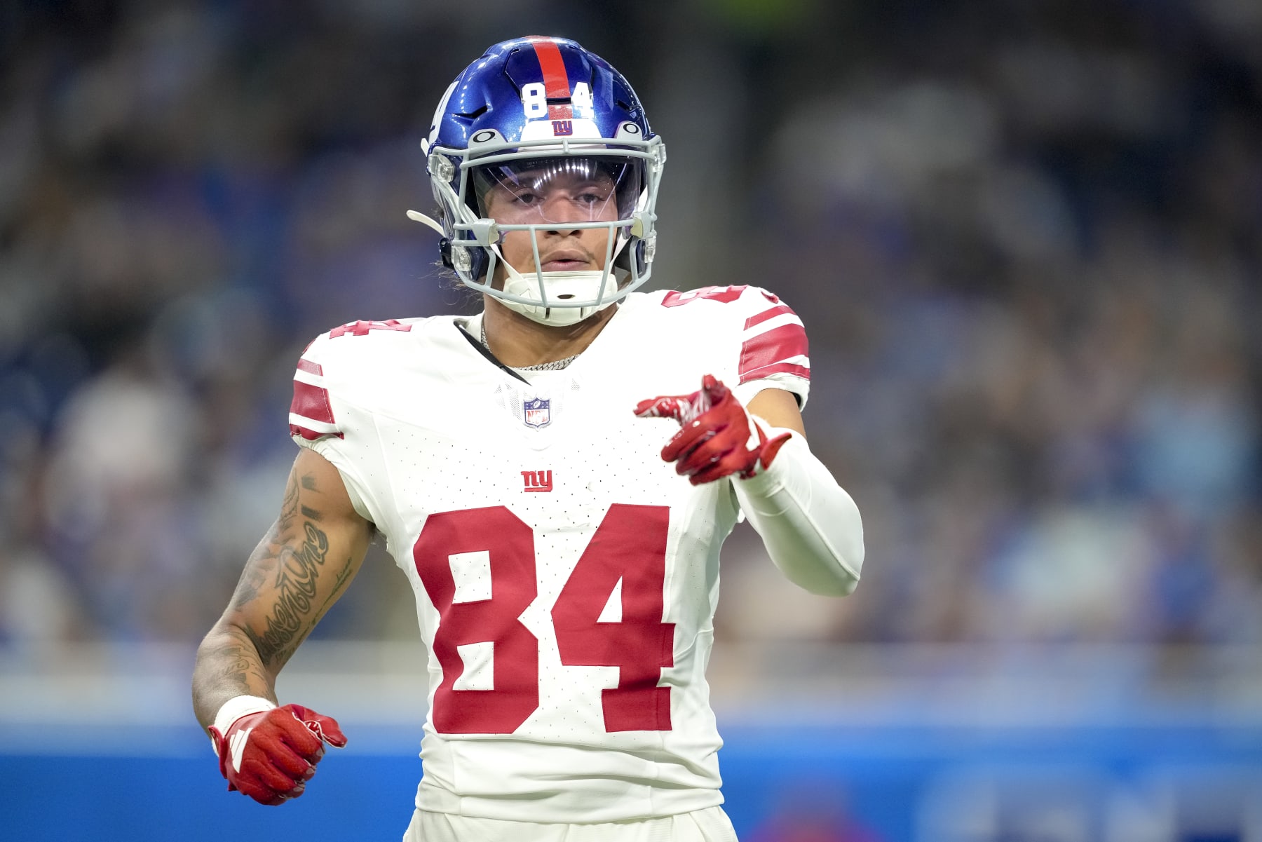 DETROIT, MICHIGAN - AUGUST 11: Jalin Hyatt #84 of the New York Giants looks on and points against the Detroit Lions during the preseason game at Ford Field on August 11, 2023 in Detroit, Michigan. (Photo by Nic Antaya/Getty Images)
