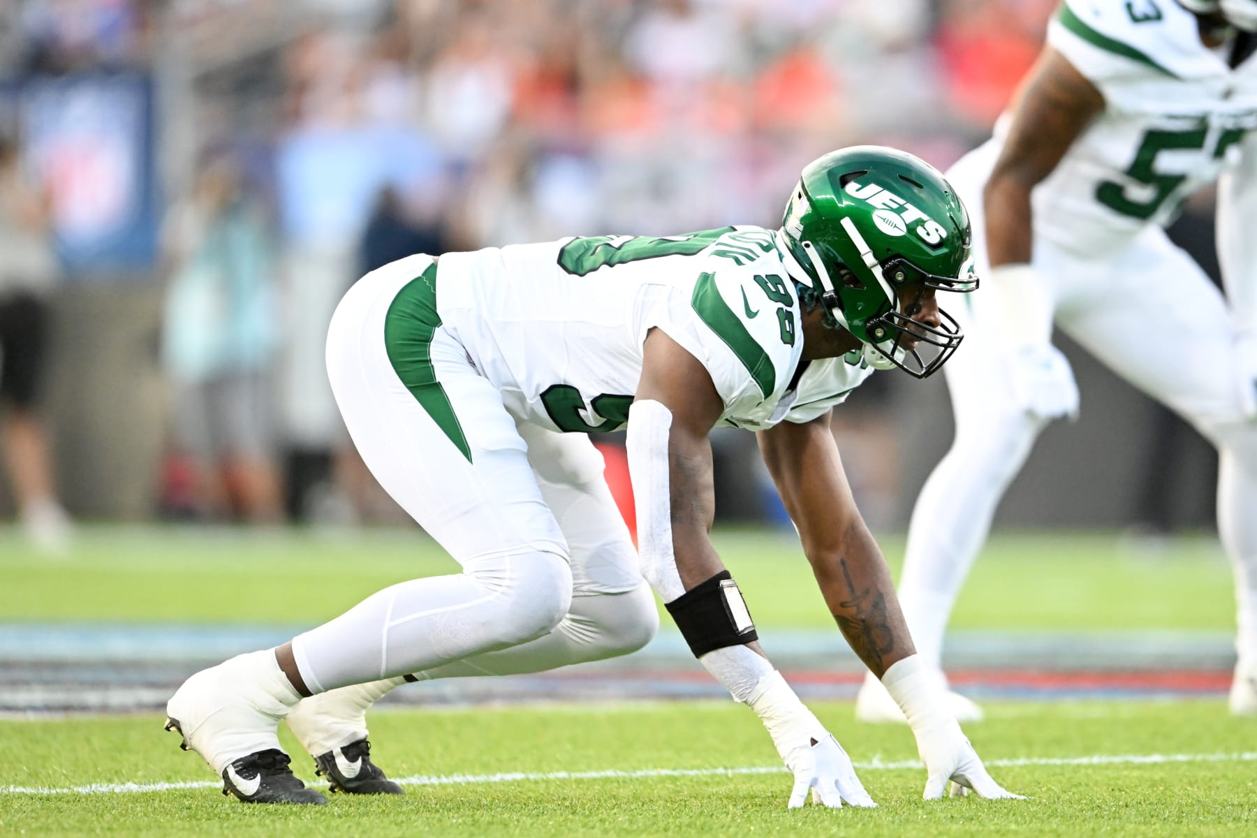 CANTON, OHIO - AUGUST 03: Will McDonald IV #99 of the New York Jets waits for the snap during the first half of the 2023 Pro Hall of Fame Game against the Cleveland Browns at Tom Benson Hall Of Fame Stadium on August 03, 2023 in Canton, Ohio. (Photo by Nick Cammett/Diamond Images via Getty Images)