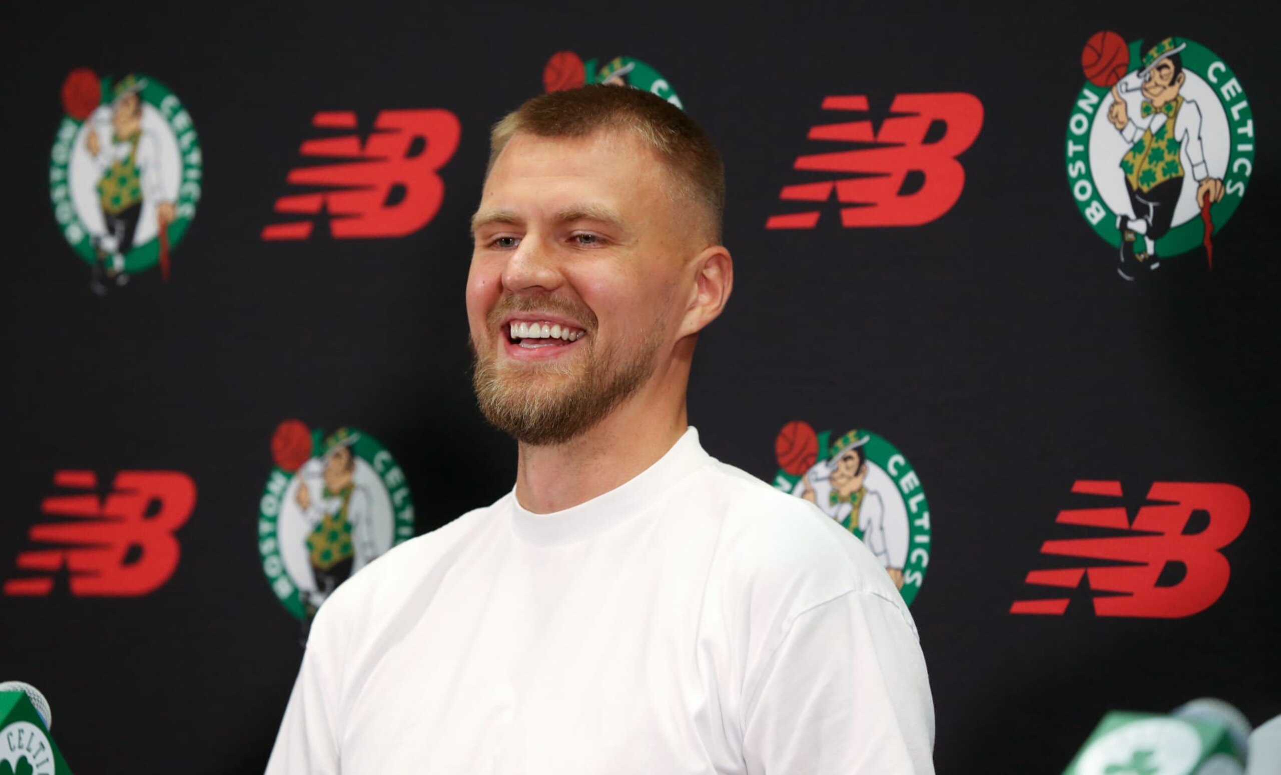 Boston, MA - June 29: Boston Celtics C Kristaps Porzingis smiles at his introductory press conference. (Photo by Jonathan Wiggs/The Boston Globe via Getty Images) Boston, MA - June 29: Boston Celtics C Kristaps Porzingis smiles at his introductory press conference. (Photo by Jonathan Wiggs/The Boston Globe via Getty Images)