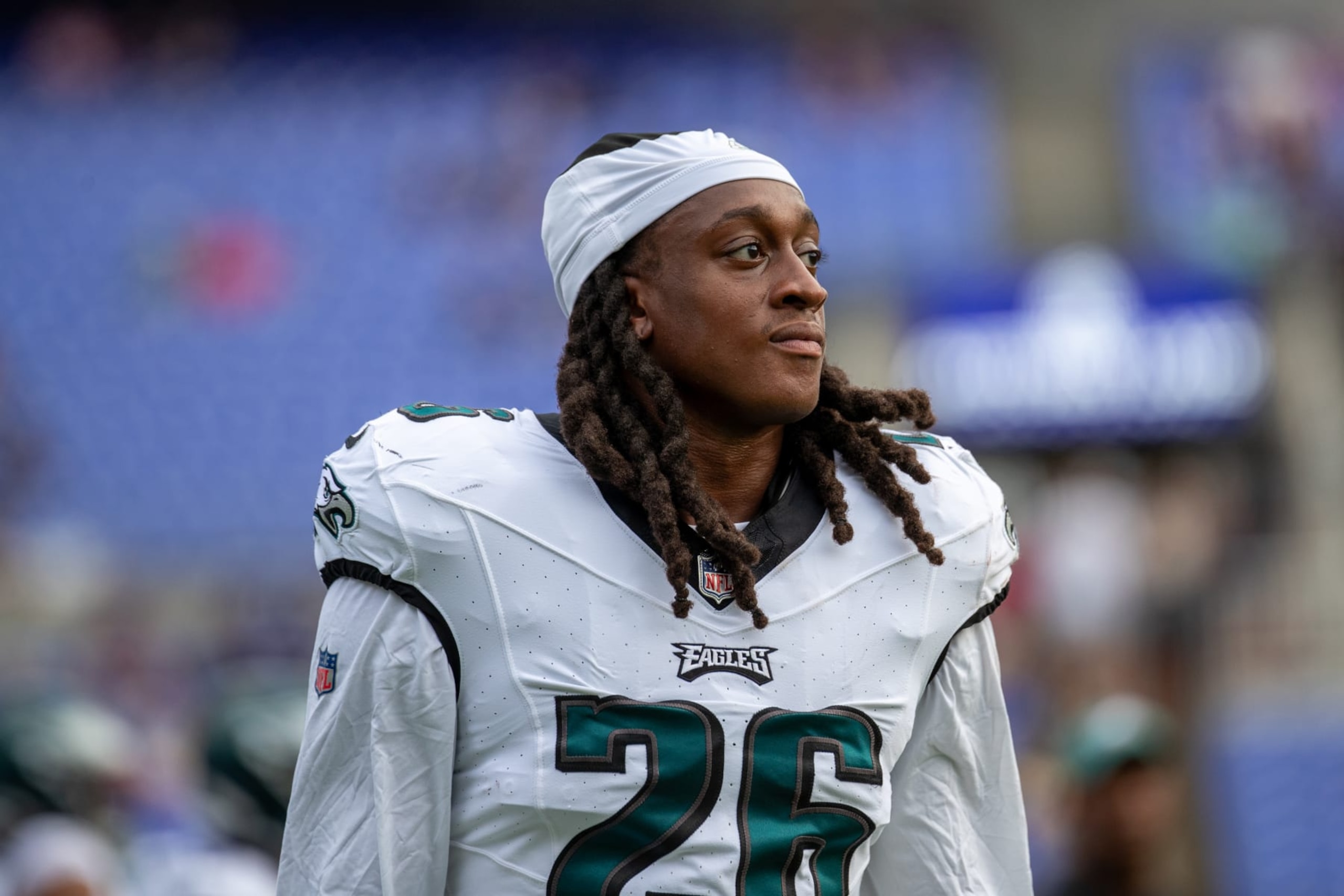 BALTIMORE, MD - AUGUST 12: Philadelphia Eagles safety Terrell Edmunds (26) warms up before an NFL preseason game between the Philadelphia Eagles and the Baltimore Ravens on August 12, 2023, at M&T Bank Stadium in Baltimore, Maryland. (Photo by Charles Brock/Icon Sportswire via Getty Images)