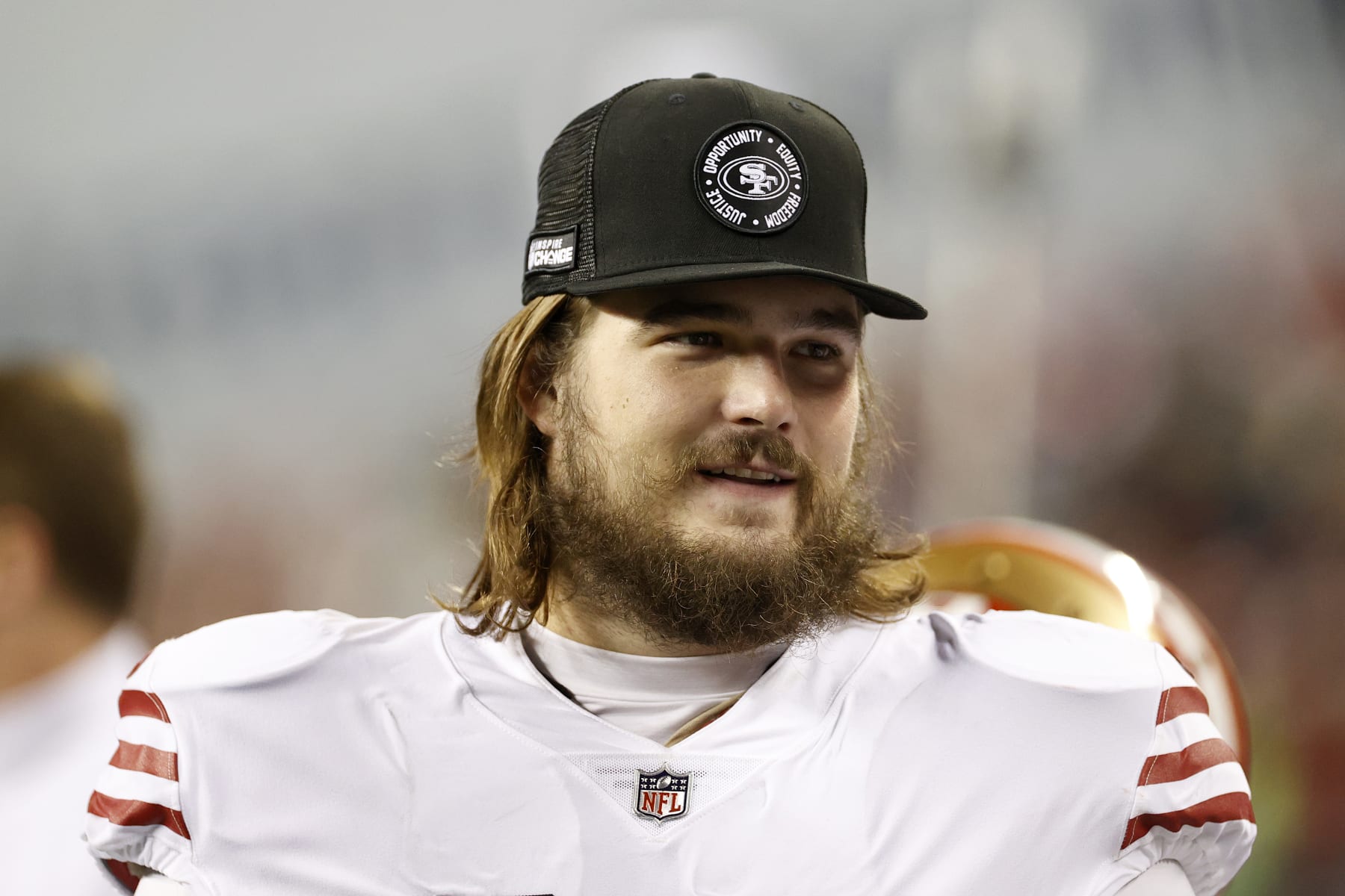 SEATTLE, WASHINGTON - DECEMBER 15: Colton McKivitz #68 of the San Francisco 49ers looks on during the third quarter against the Seattle Seahawks at Lumen Field on December 15, 2022 in Seattle, Washington. (Photo by Steph Chambers/Getty Images)