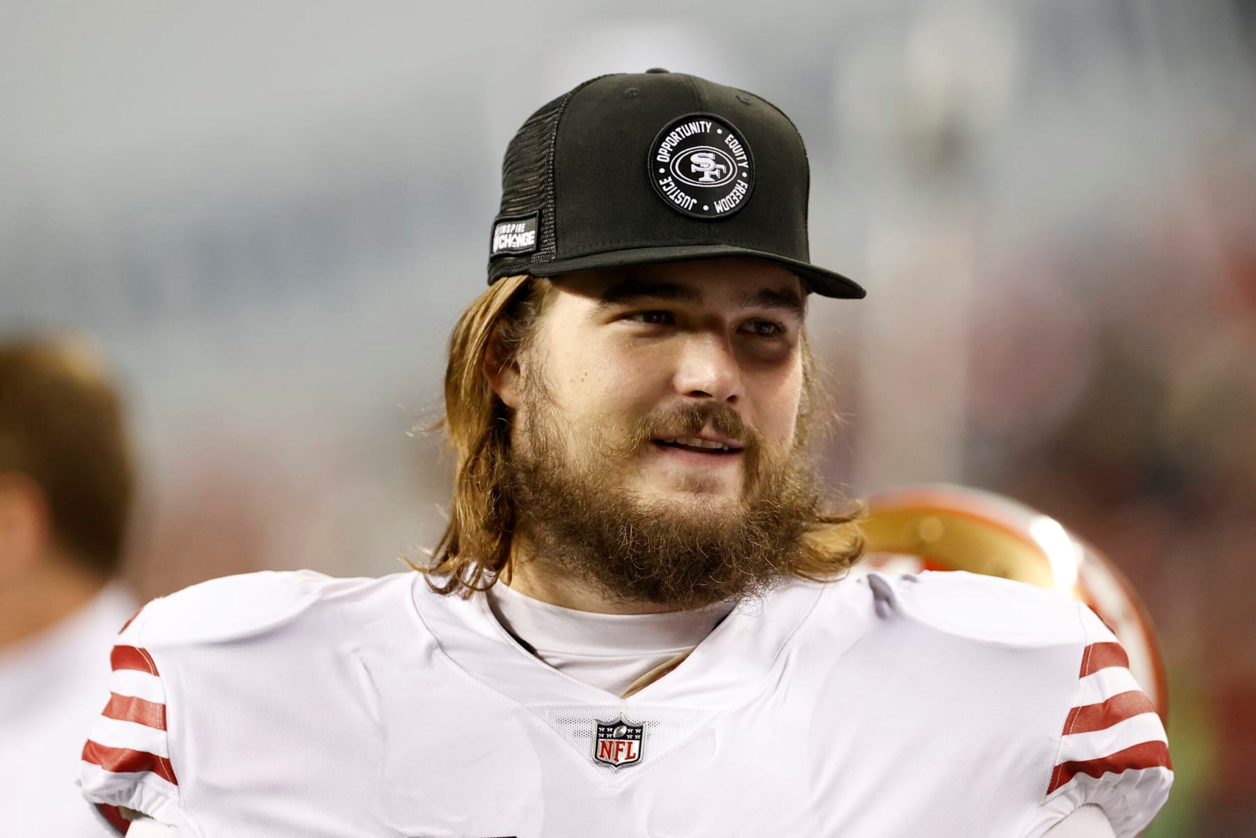 SEATTLE, WASHINGTON - DECEMBER 15: Colton McKivitz #68 of the San Francisco 49ers looks on during the third quarter against the Seattle Seahawks at Lumen Field on December 15, 2022 in Seattle, Washington. (Photo by Steph Chambers/Getty Images)