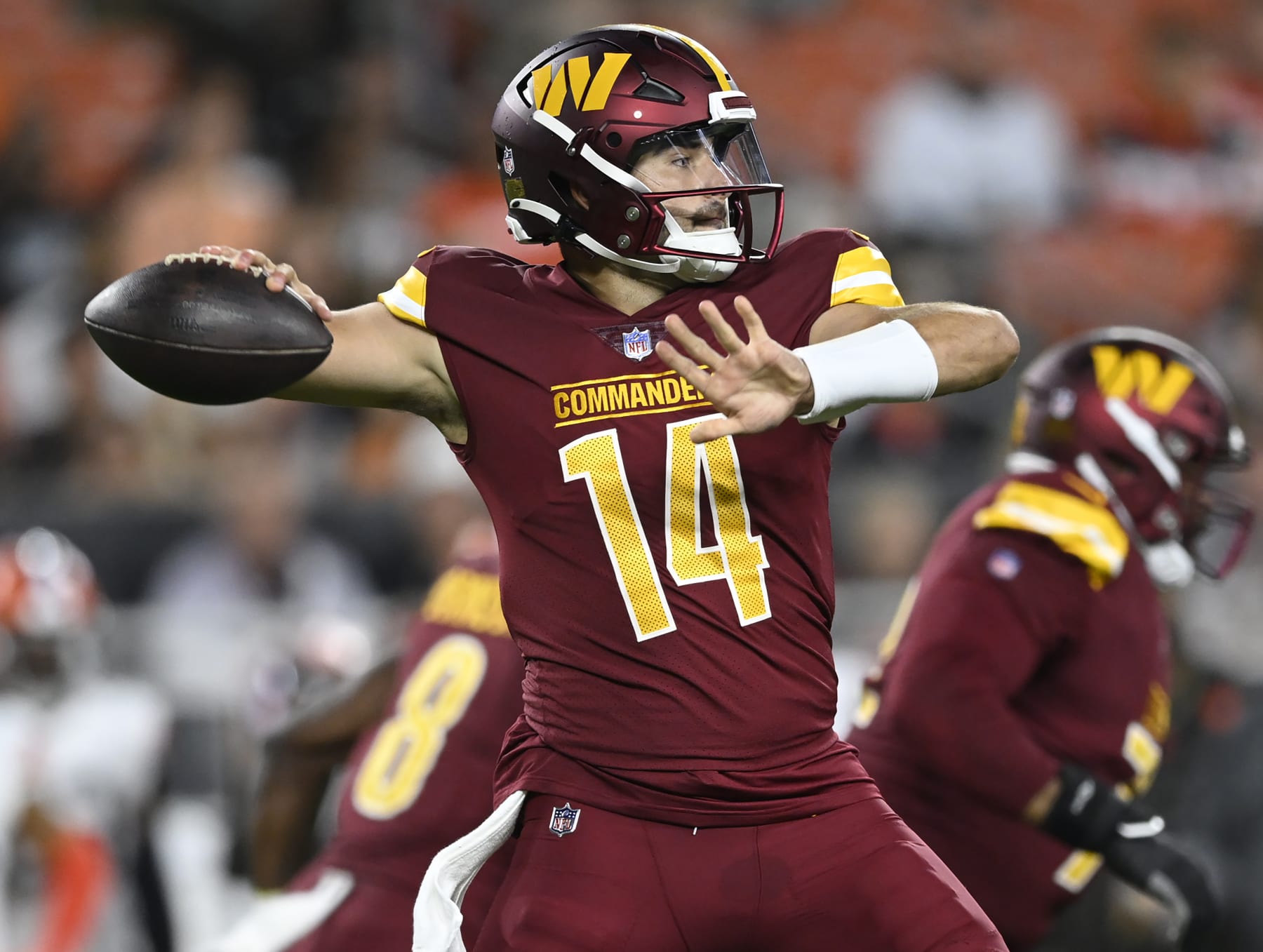 CLEVELAND, OH - AUGUST 11:Washington Commanders quarterback Sam Howell (14)  during a pre-season game between the Washington Commanders and the Cleveland Browns at the FirstEnergy Stadium on August 11, 2023 in Cleveland, OH. (Photo by John McDonnell/The Washington Post via Getty Images)