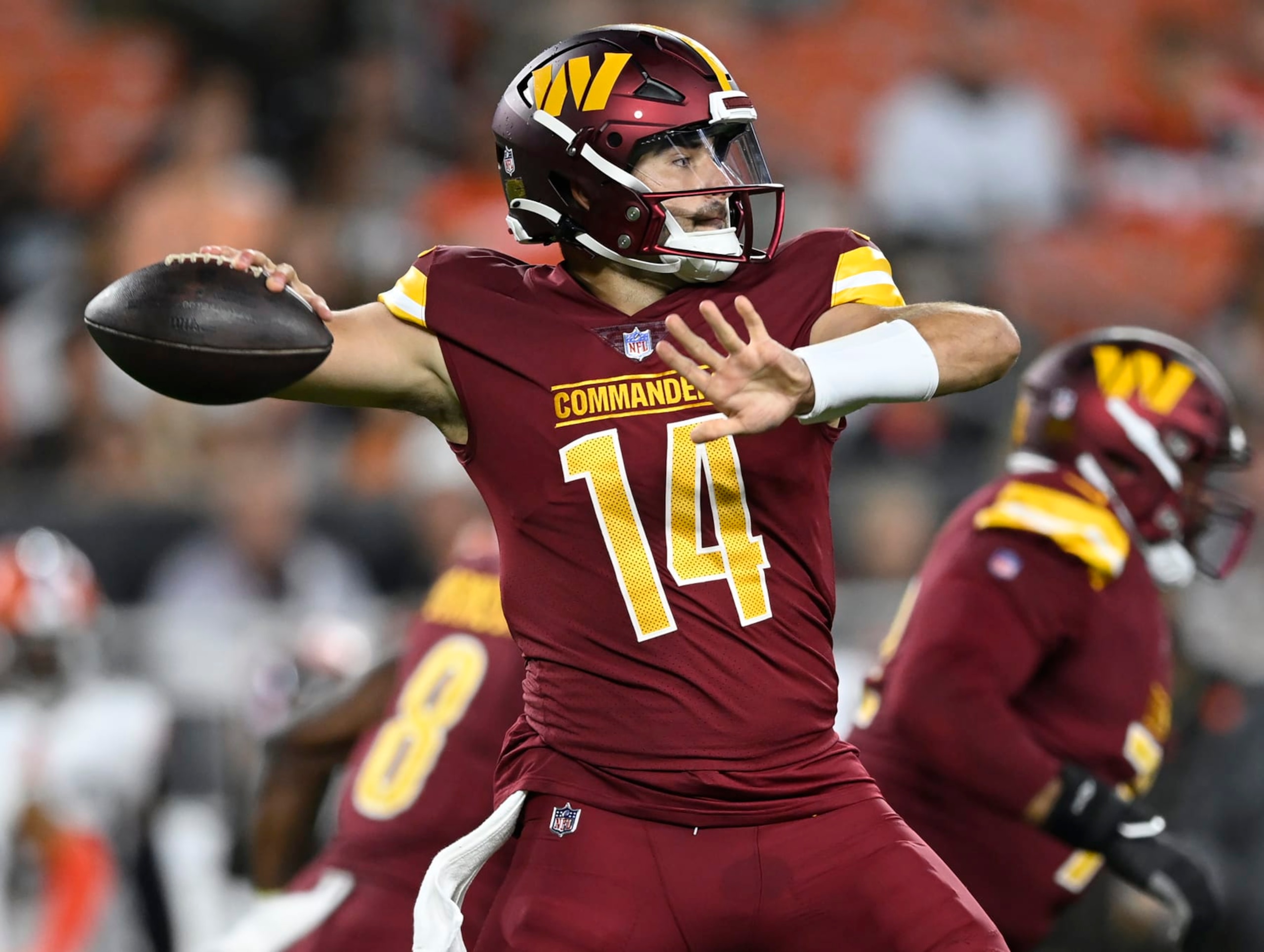 CLEVELAND, OH - AUGUST 11:Washington Commanders quarterback Sam Howell (14)  during a pre-season game between the Washington Commanders and the Cleveland Browns at the FirstEnergy Stadium on August 11, 2023 in Cleveland, OH. (Photo by John McDonnell/The Washington Post via Getty Images)