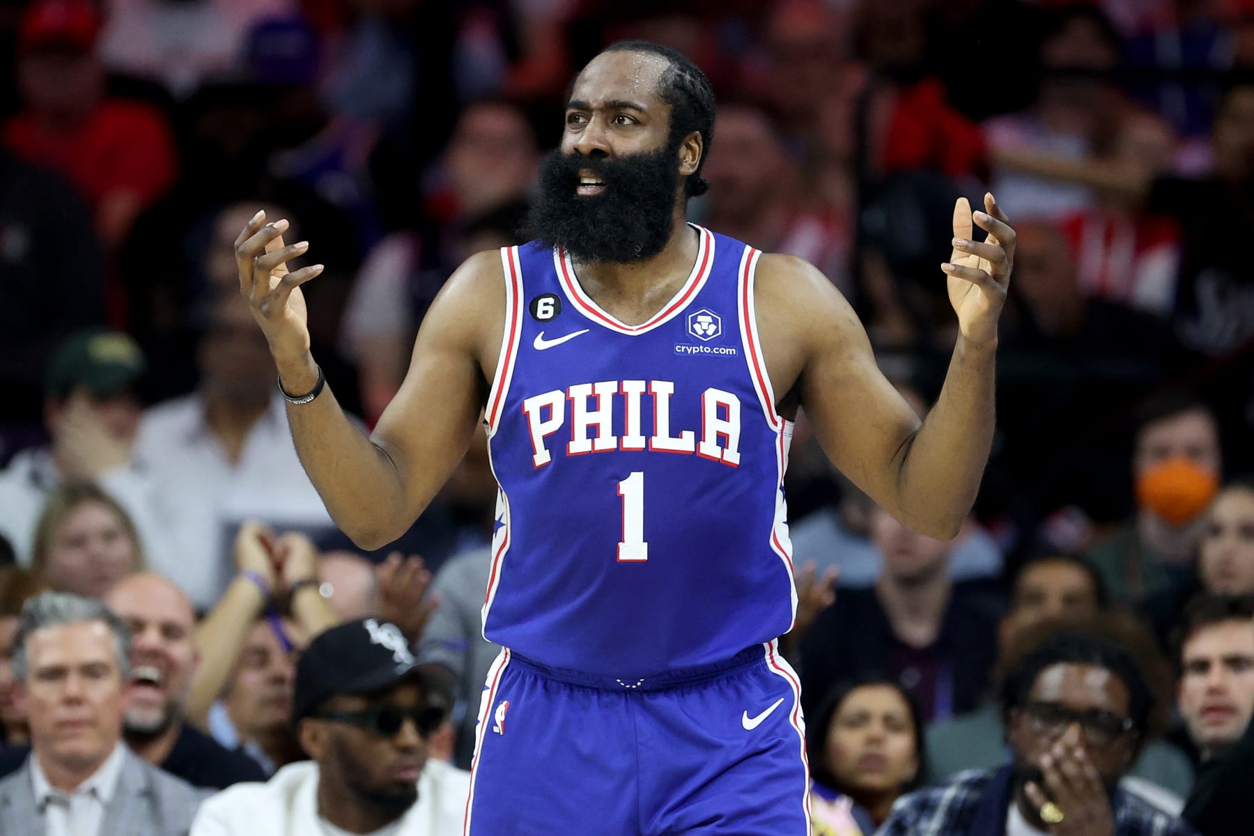 PHILADELPHIA, PENNSYLVANIA - MAY 11: James Harden #1 of the Philadelphia 76ers reacts to a play against the Boston Celtics during the second quarter in game six of the Eastern Conference Semifinals in the 2023 NBA Playoffs at Wells Fargo Center on May 11, 2023 in Philadelphia, Pennsylvania. NOTE TO USER: User expressly acknowledges and agrees that, by downloading and or using this photograph, User is consenting to the terms and conditions of the Getty Images License Agreement. (Photo by Tim Nwachukwu/Getty Images)