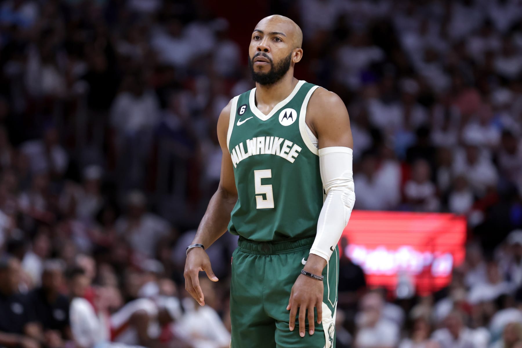 MIAMI, FLORIDA - APRIL 22: Jevon Carter #5 of the Milwaukee Bucks looks on against the Miami Heat during the fourth quarter in Game Three of the Eastern Conference First Round Playoffs at Kaseya Center on April 22, 2023 in Miami, Florida. NOTE TO USER: User expressly acknowledges and agrees that, by downloading and or using this photograph, User is consenting to the terms and conditions of the Getty Images License Agreement. (Photo by Megan Briggs/Getty Images)