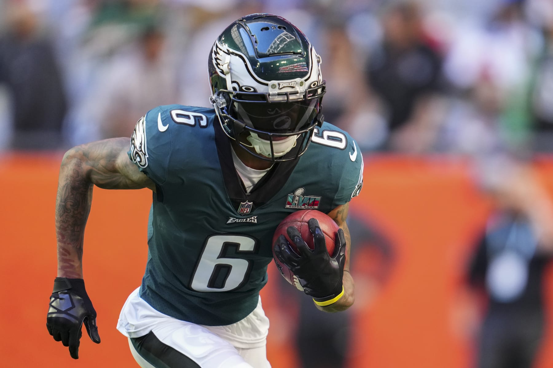 GLENDALE, AZ - FEBRUARY 12: DeVonta Smith #6 of the Philadelphia Eagles warms up against the Kansas City Chiefs after Super Bowl LVII at State Farm Stadium on February 12, 2023 in Glendale, Arizona. The Chiefs defeated the Eagles 38-35. (Photo by Cooper Neill/Getty Images)