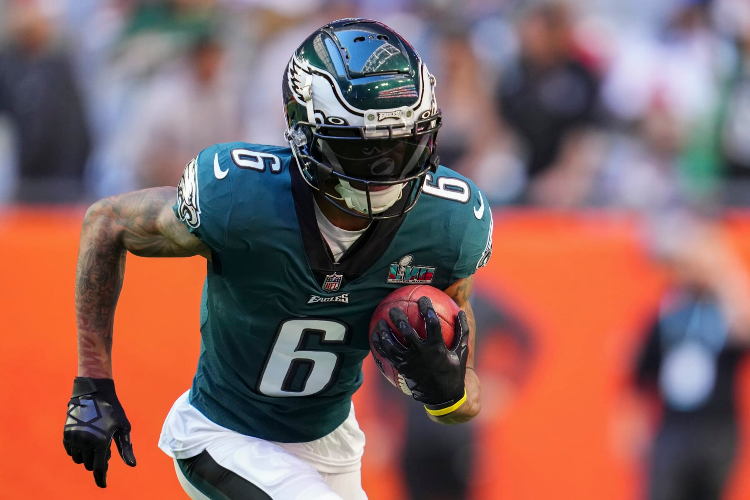 GLENDALE, AZ - FEBRUARY 12: DeVonta Smith #6 of the Philadelphia Eagles warms up against the Kansas City Chiefs after Super Bowl LVII at State Farm Stadium on February 12, 2023 in Glendale, Arizona. The Chiefs defeated the Eagles 38-35. (Photo by Cooper Neill/Getty Images)
