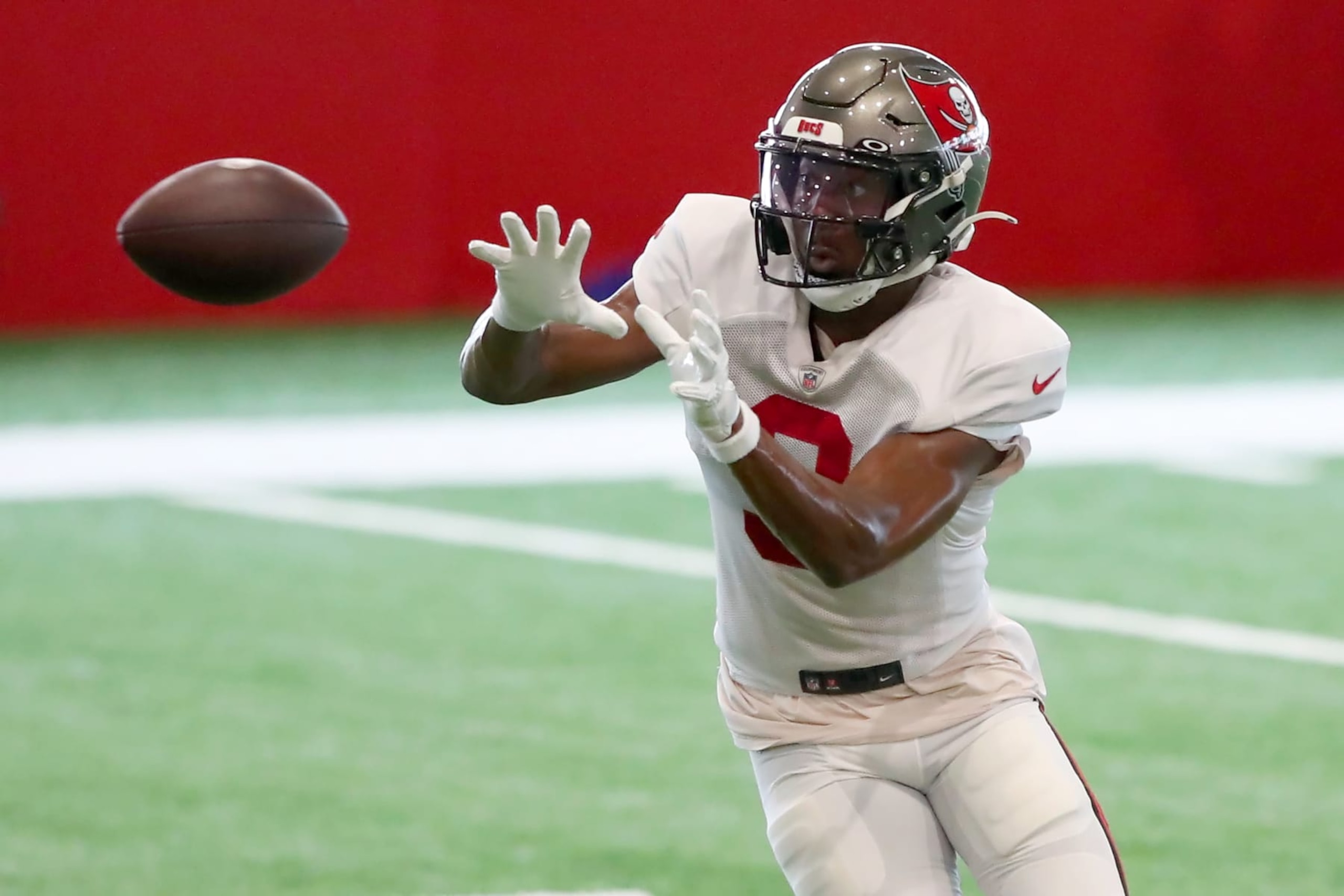 TAMPA, FL - AUG 13: Tampa Bay Buccaneers Wide Receiver Russell Gage (3) goes thru a drill during Training Camp on August 13, 2023 at the AdventHealth Training Center at One Buccaneer Place in Tampa, Florida. (Photo by Cliff Welch/Icon Sportswire via Getty Images) TAMPA, FL - AUG 13: Tampa Bay Buccaneers Wide Receiver Russell Gage (3) goes thru a drill during Training Camp on August 13, 2023 at the AdventHealth Training Center at One Buccaneer Place in Tampa, Florida. (Photo by Cliff Welch/Icon Sportswire via Getty Images)