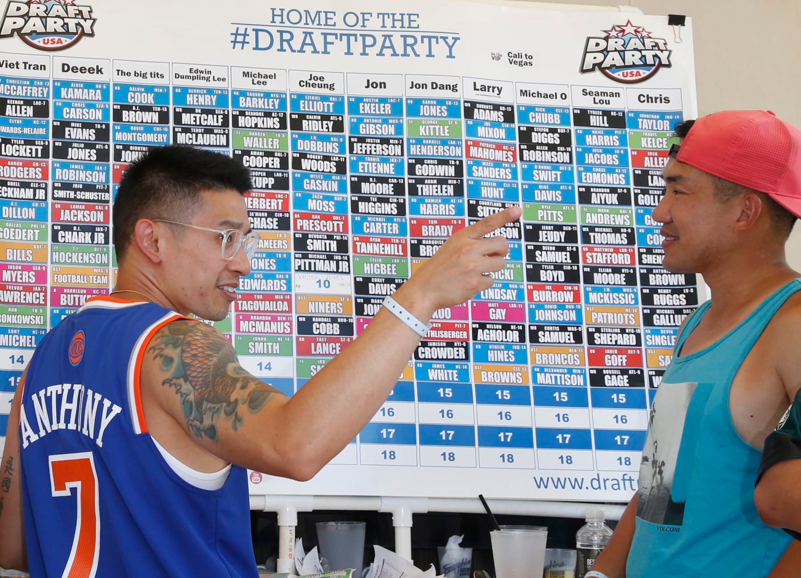 LAS VEGAS, NEVADA - AUGUST 21: Attendees fill out a Fantasy Football Draft Board during a pool party at Sapphire Pool & Day Club on August 21, 2021 in Las Vegas, Nevada. (Photo by Gabe Ginsberg/Getty Images)