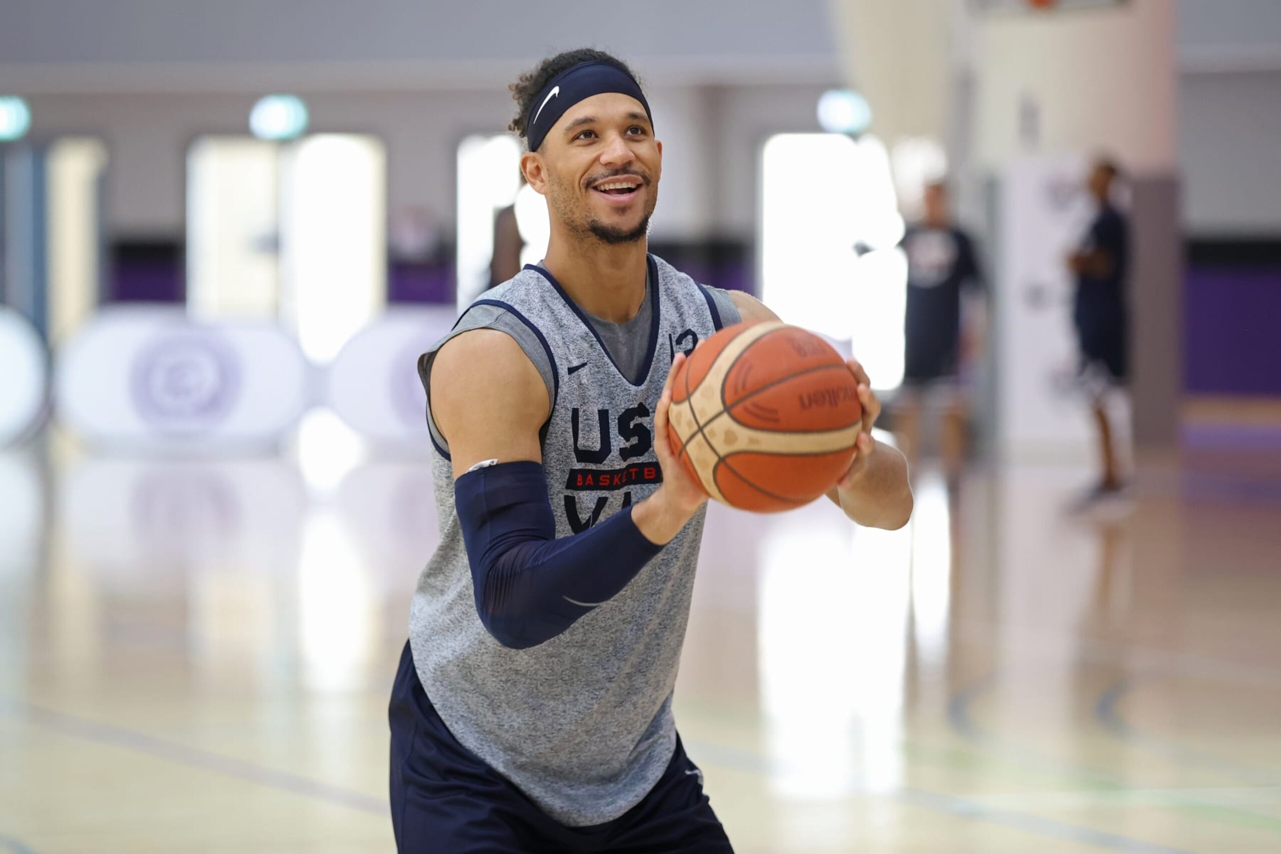 ABU DHABI, UAE - AUGUST 16: Josh Hart of the USA Basketball Men's National Team smiles during practice as part of 2023 FIBA World Cup at NYU on August 16, 2023 in Abu Dhabi, The United Arab Emirates. NOTE TO USER: User expressly acknowledges and agrees that, by downloading and/or using this Photograph, user is consenting to the terms and conditions of the Getty Images License Agreement. Mandatory Copyright Notice: Copyright 2023 NBAE (Photo by Joe Murphy/NBAE via Getty Images)