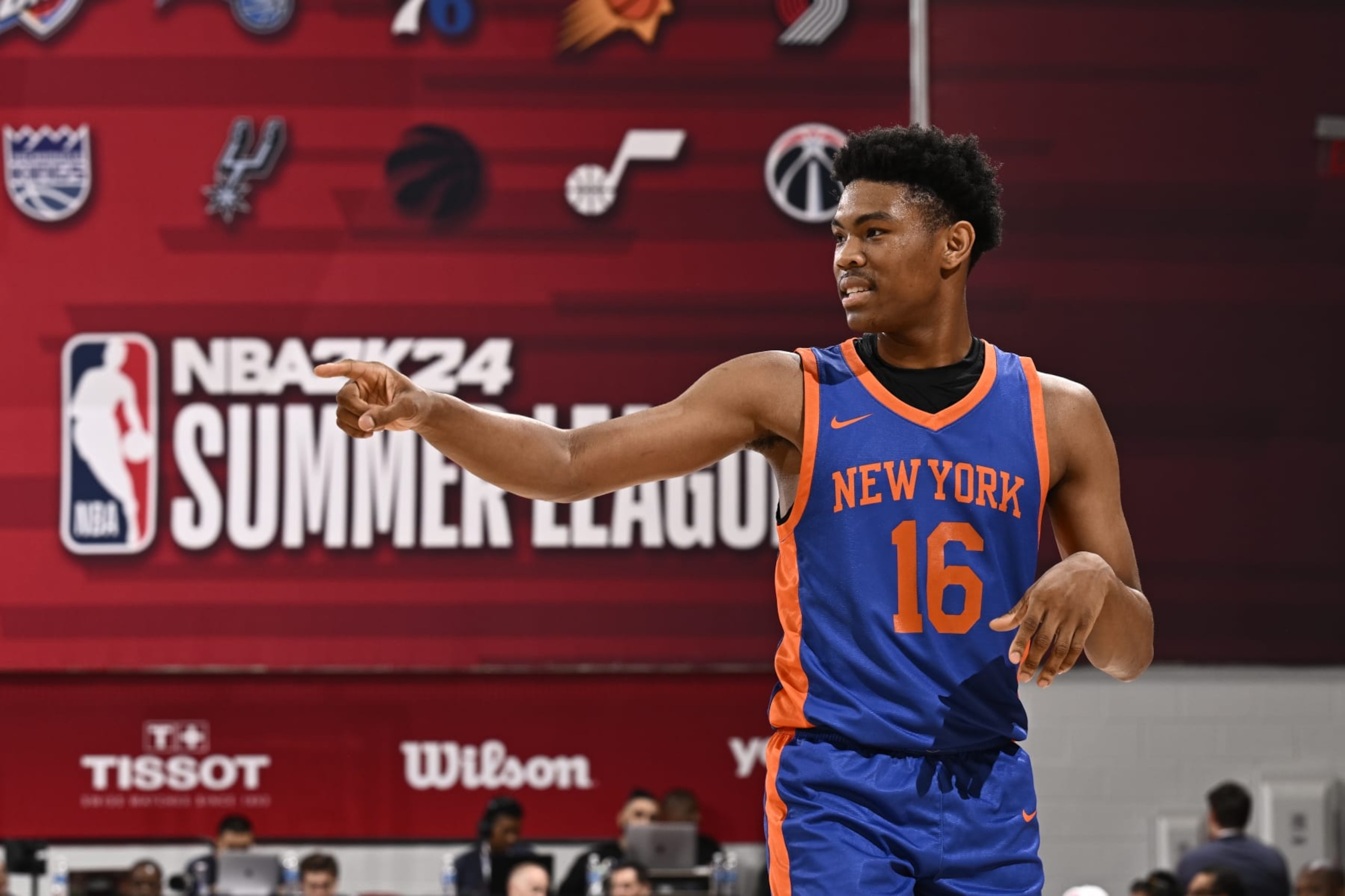 LAS VEGAS, NV - JULY 9: Jaylen Martin #16 of the New York Knicks looks on during the 2023 NBA Las Vegas Summer League on July 9, 2023 at the Cox Pavilion in Las Vegas, Nevada. NOTE TO USER: User expressly acknowledges and agrees that, by downloading and or using this photograph, User is consenting to the terms and conditions of the Getty Images License Agreement. Mandatory Copyright Notice: Copyright 2023 NBAE (Photo by David Dow/NBAE via Getty Images)