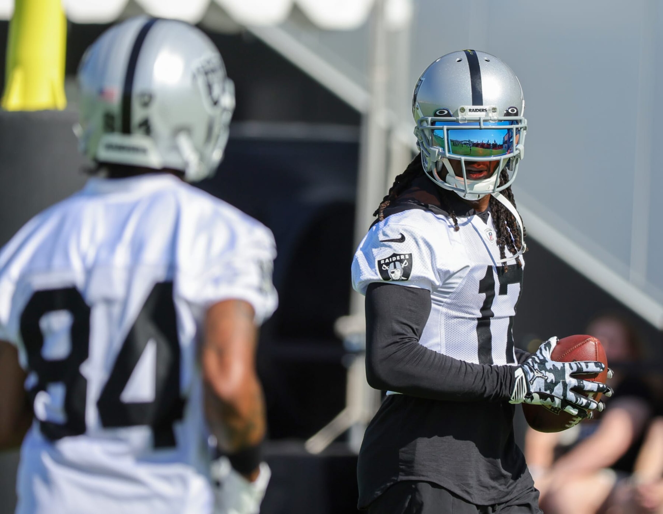 HENDERSON, NEVADA - JULY 26: Wide receiver Davante Adams #17 of the Las Vegas Raiders runs through a drill during the first practice of the team's training camp at the Las Vegas Raiders Headquarters/Intermountain Healthcare Performance Center on July 26, 2023 in Henderson, Nevada. (Photo by Ethan Miller/Getty Images)
