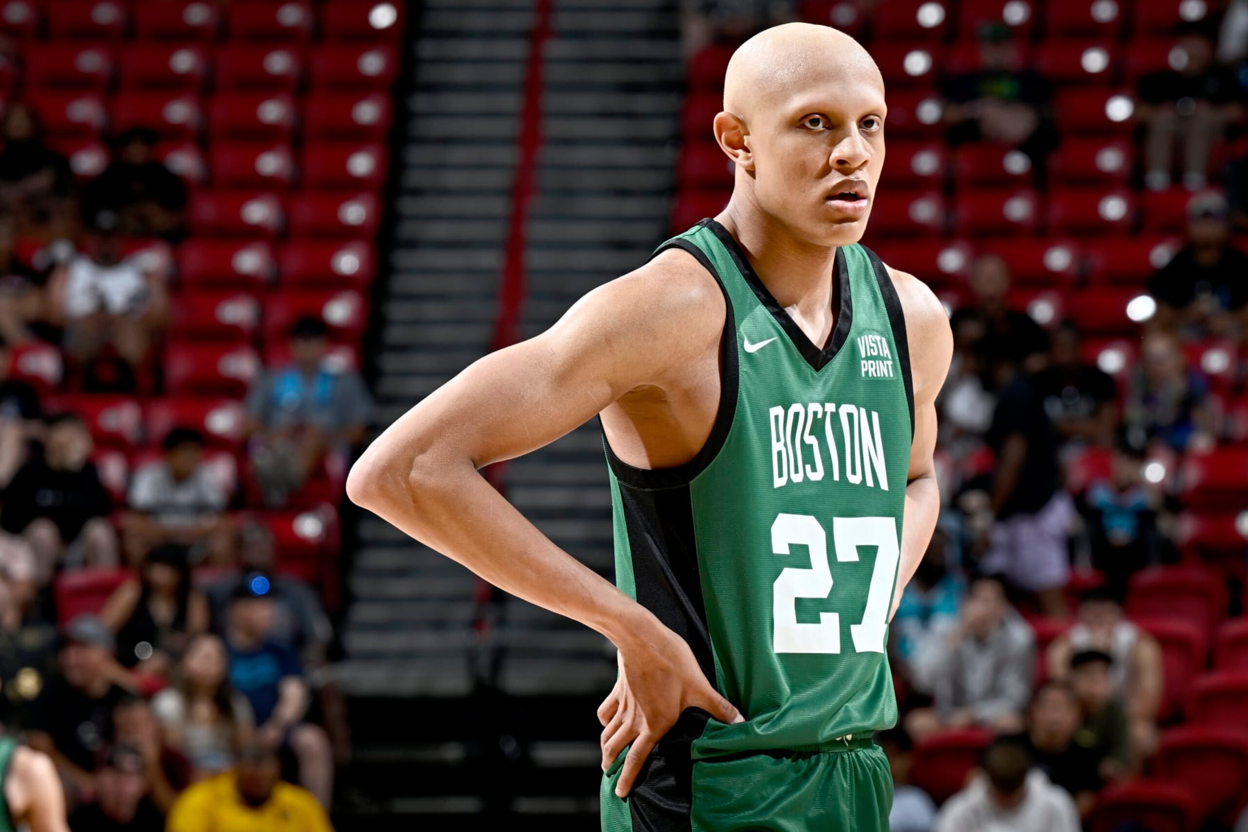LAS VEGAS, NV - JULY 15: Jordan Walsh #27 of the Boston Celtics looks on during the game against the Orlando Magic during the 2023 NBA Las Vegas Summer League on July 15, 2023 at the Thomas & Mack Center in Las Vegas, Nevada. NOTE TO USER: User expressly acknowledges and agrees that, by downloading and/or using this Photograph, user is consenting to the terms and conditions of the Getty Images License Agreement. Mandatory Copyright Notice: Copyright 2023 NBAE (Photo by David Dow/NBAE via Getty Images)