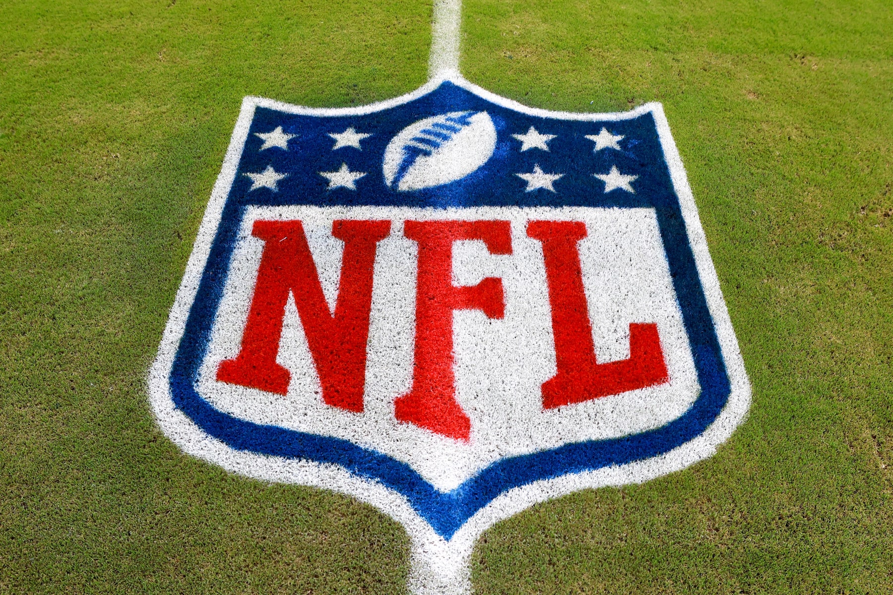 MIAMI GARDENS, FLORIDA - AUGUST 11: A detailed view of the NFL logo is seen on the field prior to a preseason game between the Atlanta Falcons and Miami Dolphins at Hard Rock Stadium on August 11, 2023 in Miami Gardens, Florida. (Photo by Megan Briggs/Getty Images)