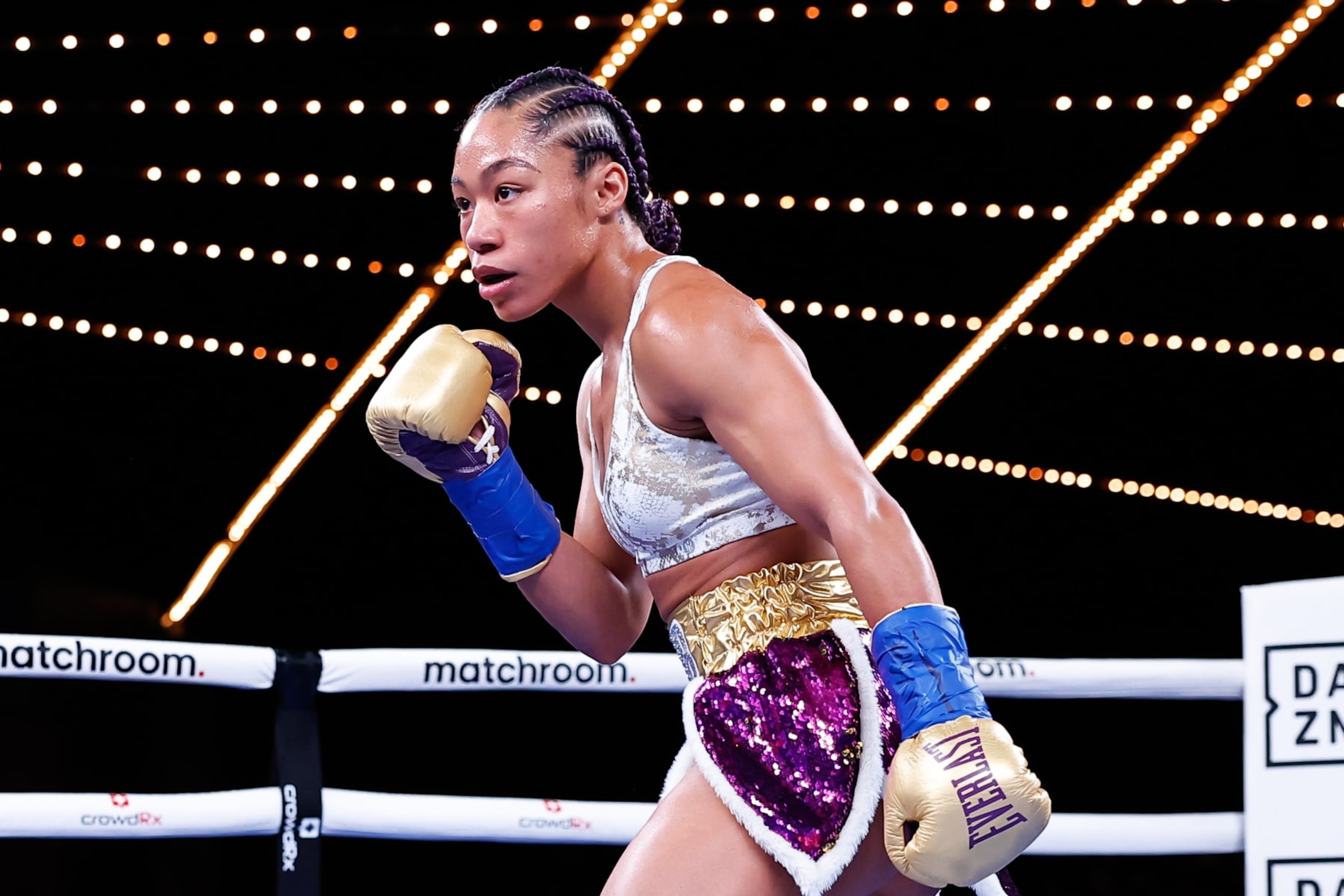 NEW YORK, NEW YORK - FEBRUARY 04: Alycia Baumgardner during her fight against Elhem Mekhaled(not pictured), during their fight for Baumgardner's WBC, WBO and IBF junior lightweight titles and the vacant WBA junior lightweight title at The Hulu Theater at Madison Square Garden on February 04, 2023 in New York City.  (Photo by Rich Graessle/Icon Sportswire via Getty Images)