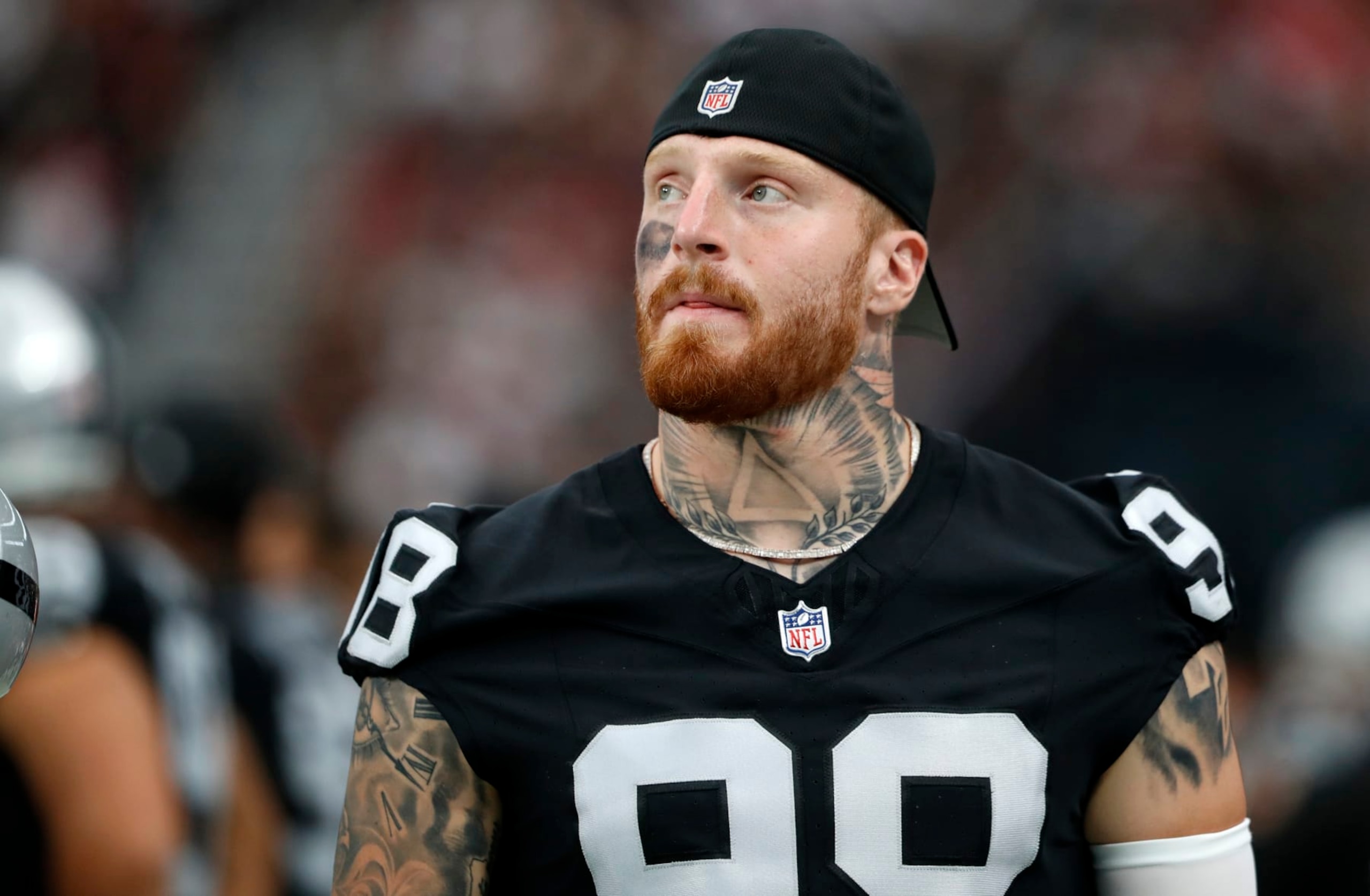 LAS VEGAS, NEVADA - AUGUST 13: Defensive end Maxx Crosby #98 of the Las Vegas Raiders looks on during the third quarter of a preseason game against the San Francisco 49ers at Allegiant Stadium on August 13, 2023 in Las Vegas, Nevada. The Raiders defeated the 49ers 34-7. (Photo by Steve Marcus/Getty Images)