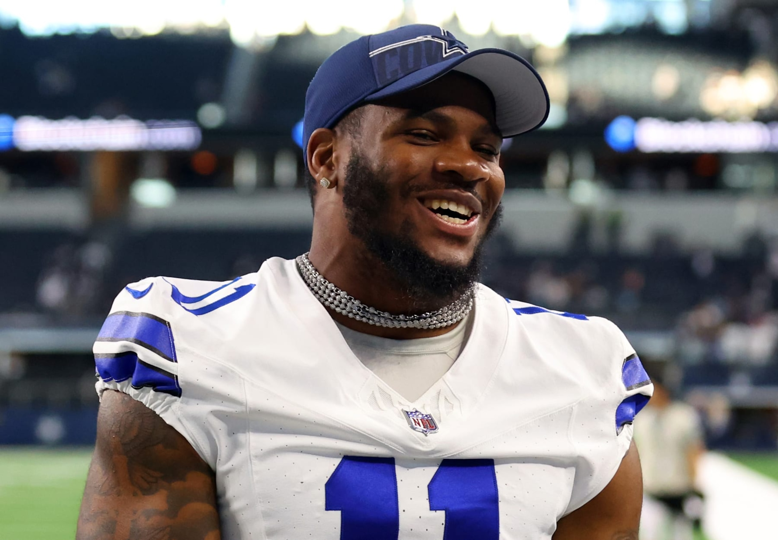 ARLINGTON, TEXAS - AUGUST 12: Micah Parsons #11 of the Dallas Cowboys walks off the field after the loss to the Jacksonville Jaguars in a preseason game at AT&T Stadium on August 12, 2023 in Arlington, Texas. (Photo by Richard Rodriguez/Getty Images)