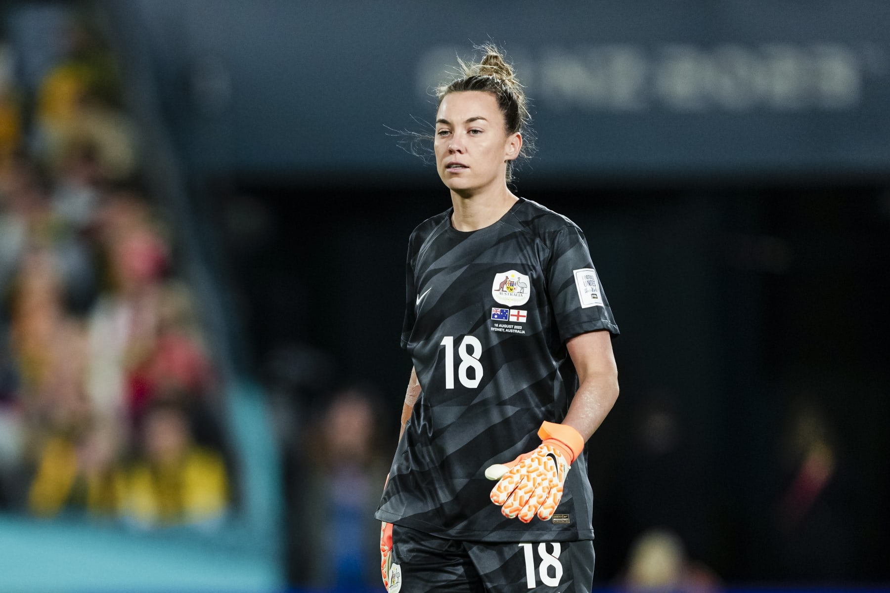 SYDNEY, AUSTRALIA - AUGUST 16: Goalkeeper Mackenzie Arnold of Australia getting into the field during the FIFA Women's World Cup Australia & New Zealand 2023 Semi Final match between Australia and England at Stadium Australia on August 16, 2023 in Sydney, Australia. (Photo by Daniela Porcelli/Eurasia Sport Images/Getty Images)